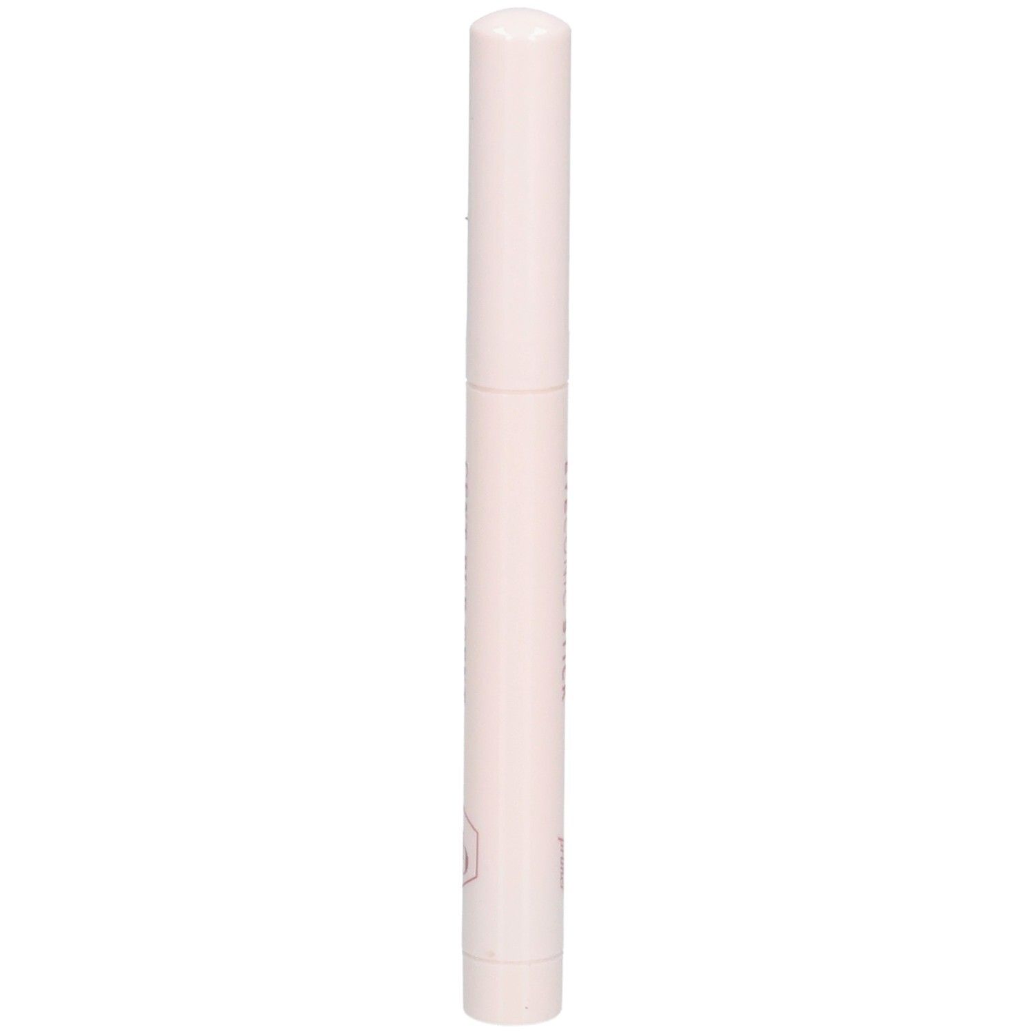 Lichtroze stick met witte dop. Roze opschriften. Productinformatie.