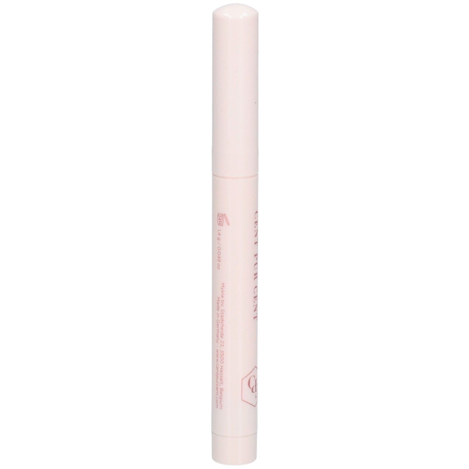 Lichtroze stick met witte dop. Roze opschriften. Productinformatie.