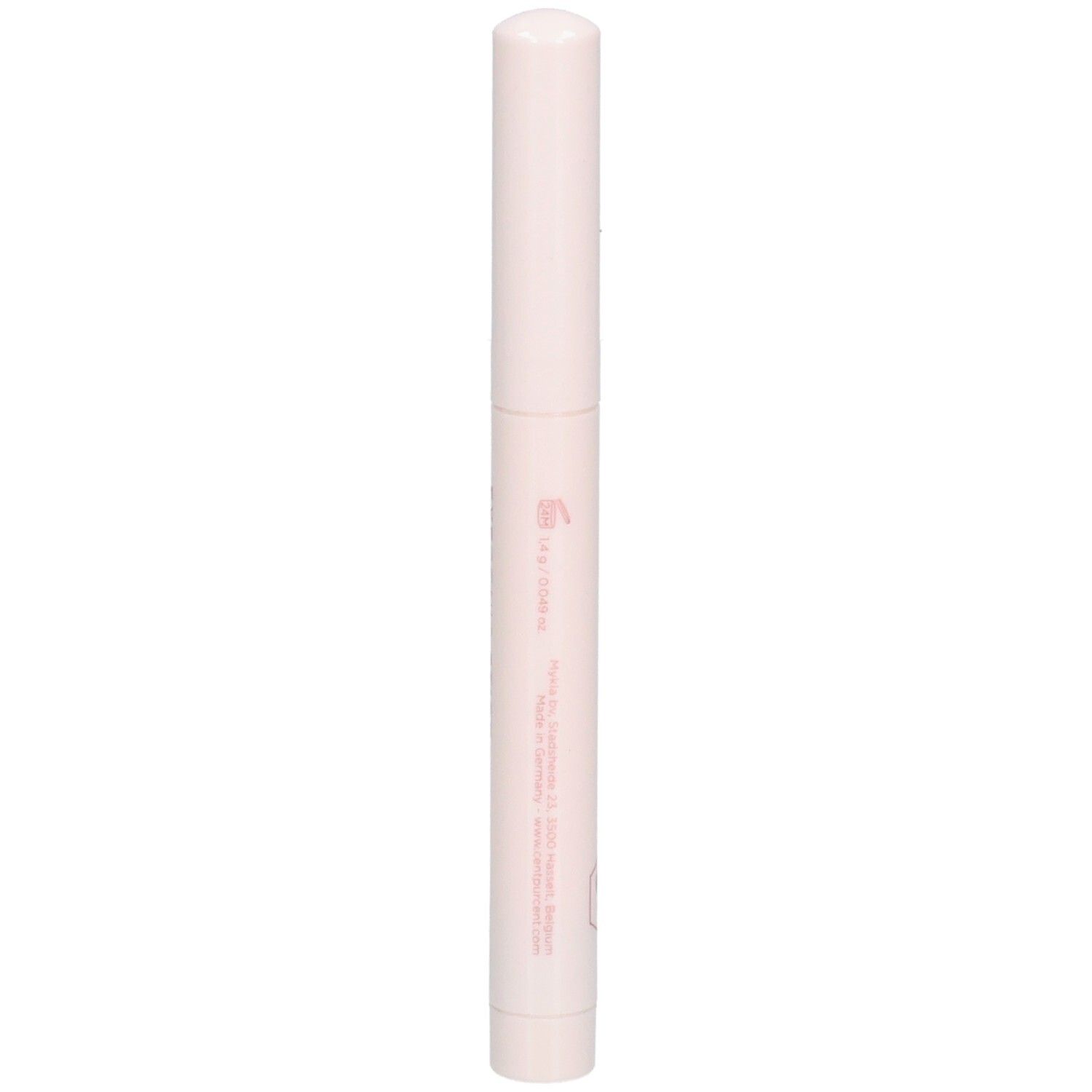 Lichtroze stick met witte dop. Roze opschriften. Productinformatie.