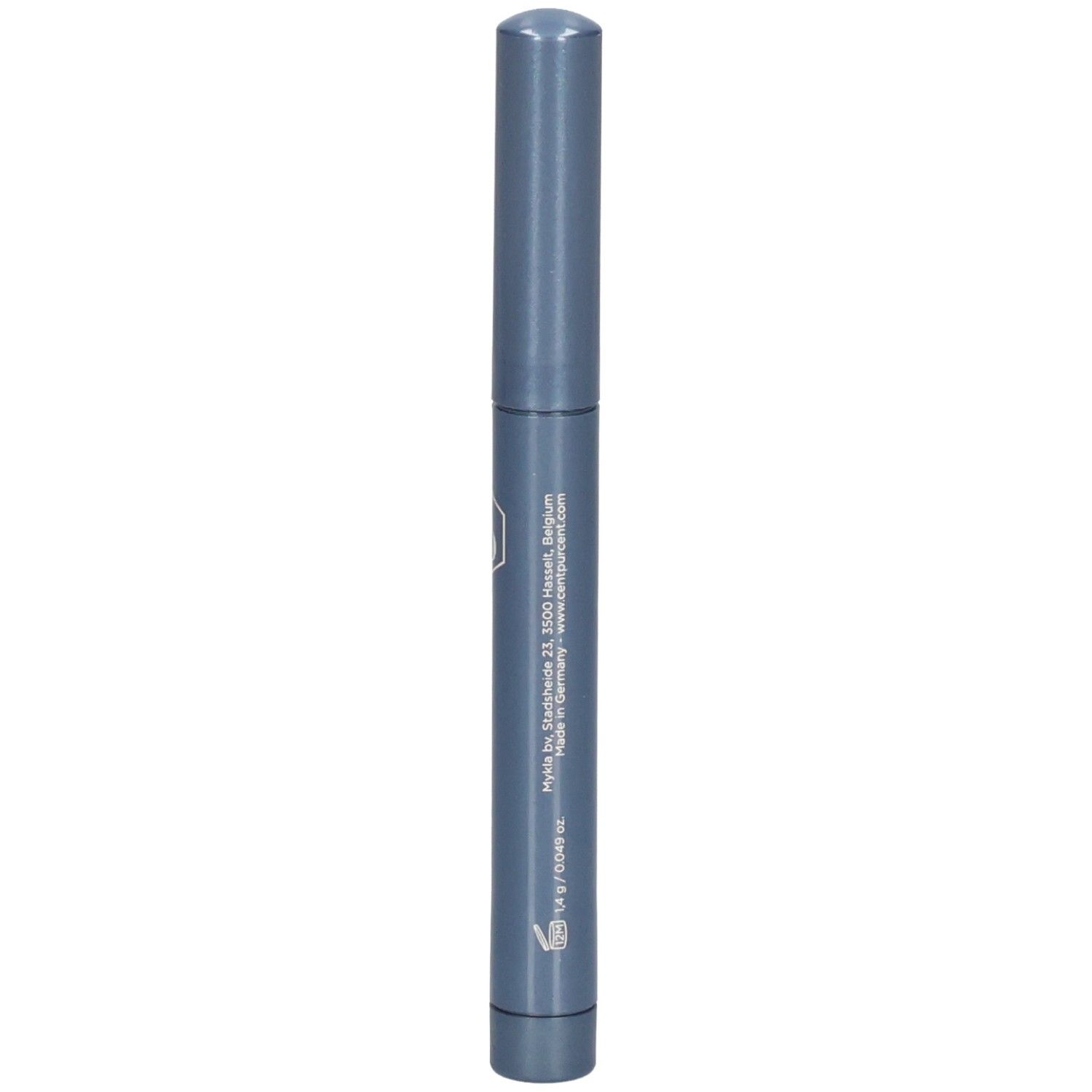 Donkerblauwe pen met fabrikantinformatie en 'Made in Germany'.