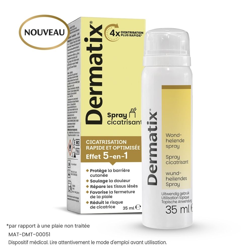 Dermatix Spray Cicatrisant: L'emballage montre une cicatrisation 4x plus rapide et un effet 5-en-1.