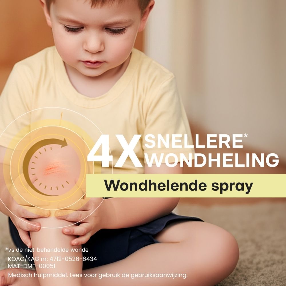 Dermatix Wond-helende Spray: Verpakking met sprayfles, toont "Nieuw" en 35 ml.