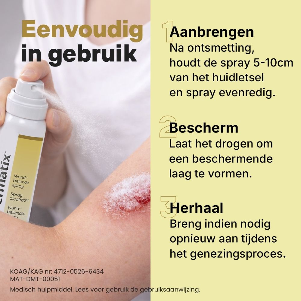 Dermatix Wond-helende Spray: Toont verschillende wondtypes waarop het effectief is.