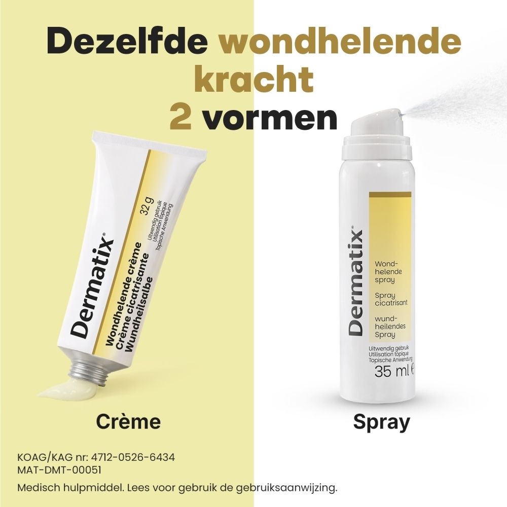 Dermatix Wond-helende Spray: Eenvoudig in gebruik, toont sprayapplicatie op een wond.