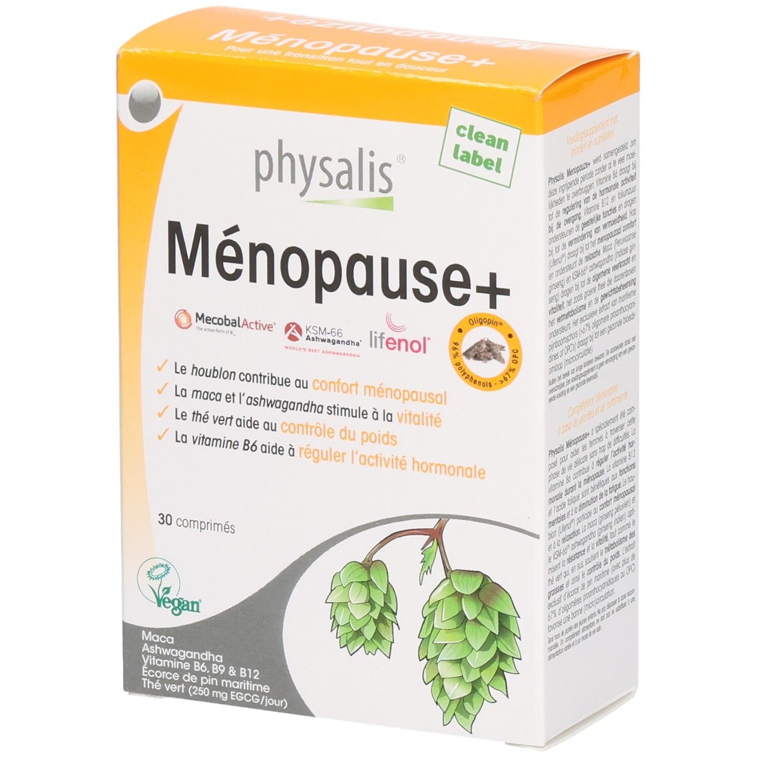 Verpakking van Physalis Menopauze+ tabletten. Oranje-wit design met productnaam en ingrediënten. 30 tabletten.