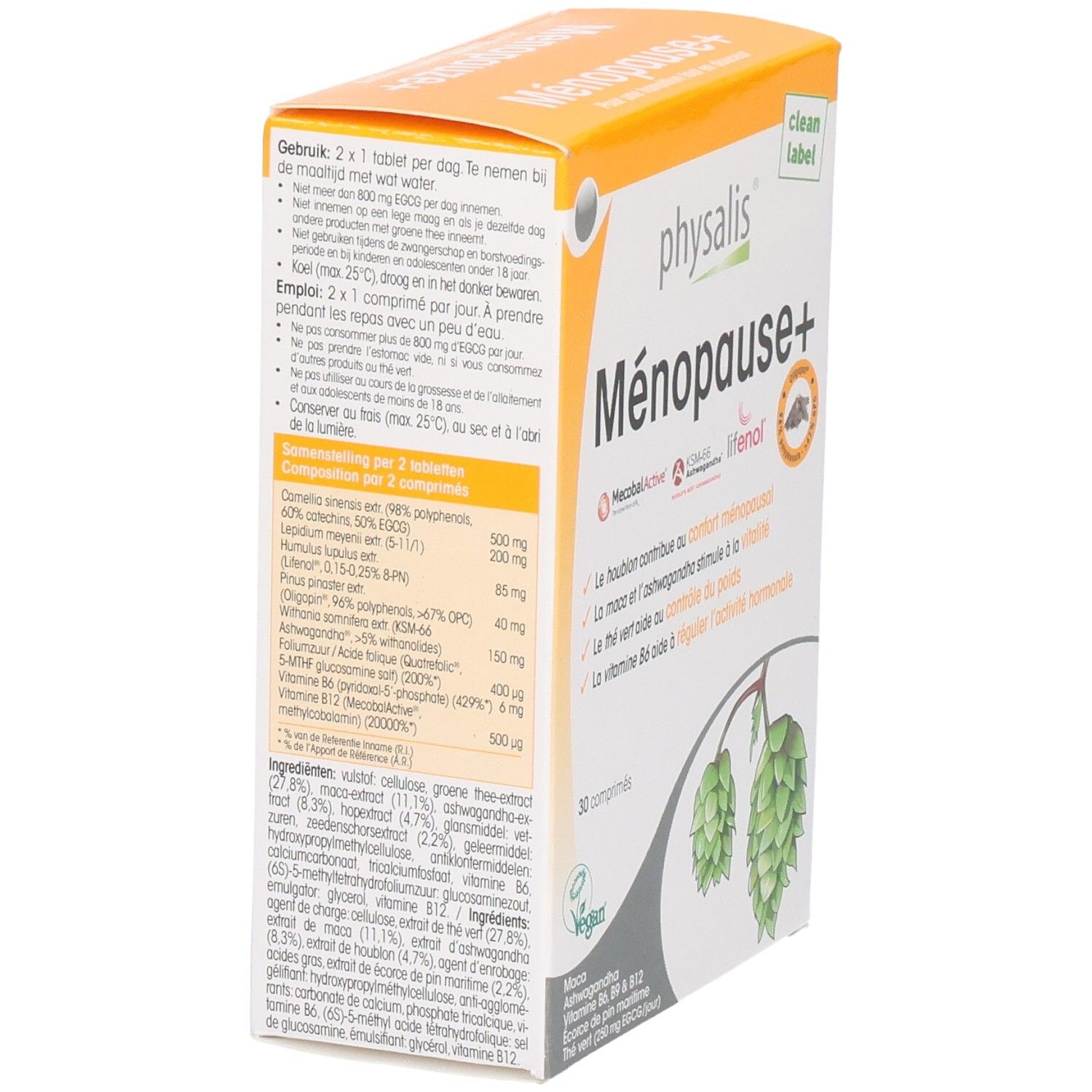 Achterkant van de verpakking van Physalis Menopauze+ tabletten. Tekst met ingrediënten en dosering. Oranje-wit design.
