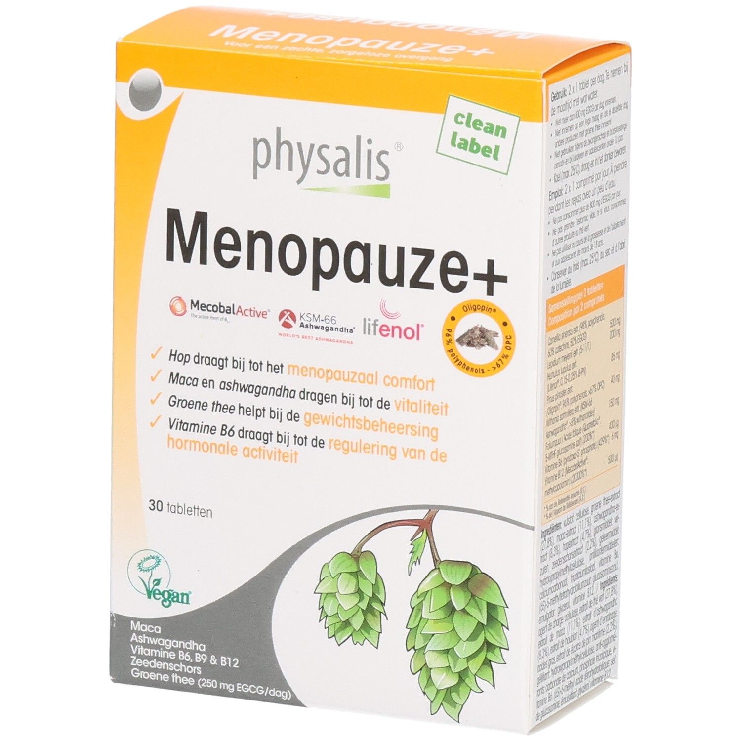 Verpakking van Physalis Menopauze+ tabletten. Oranje-wit design. Productnaam, ingrediënten en 30 tabletten.