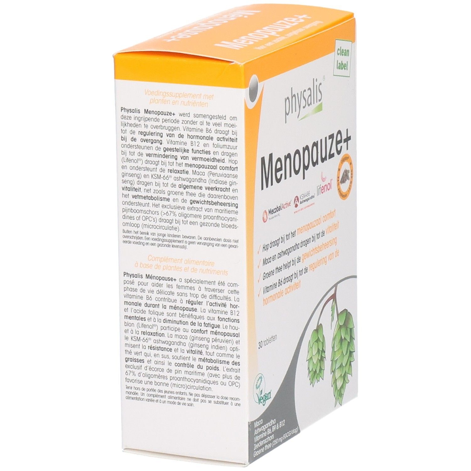 Achterkant van de verpakking van Physalis Menopauze+ tabletten. Tekst met ingrediënten en gebruik. Oranje-wit design.