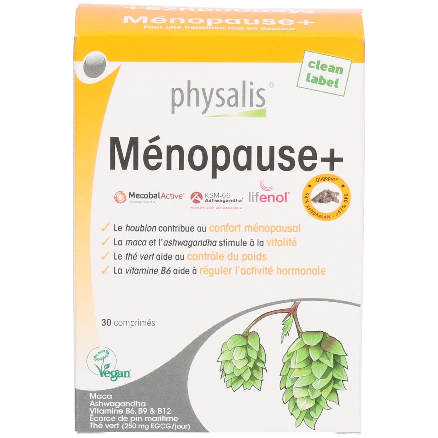 Verpakking van Physalis Menopauze+ tabletten. Oranje-wit design. Productnaam, ingrediënten en 30 tabletten.