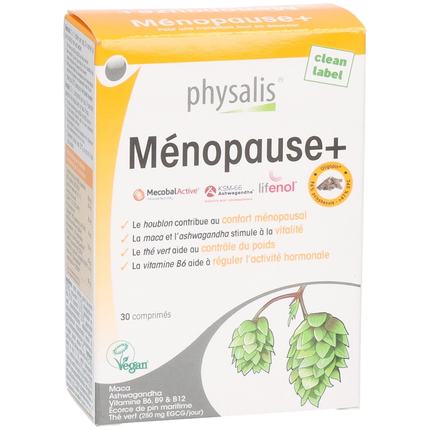Verpakking van Physalis Menopauze+ tabletten. Oranje-wit design. Productnaam, ingrediënten en 30 tabletten.