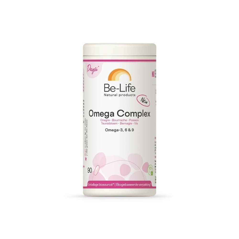 Boîte cylindrique avec couvercle. Inscription: Be-Life Omega Complex, Omega-3,6&9. Contient 90 gélules. Emballage biodégradable.