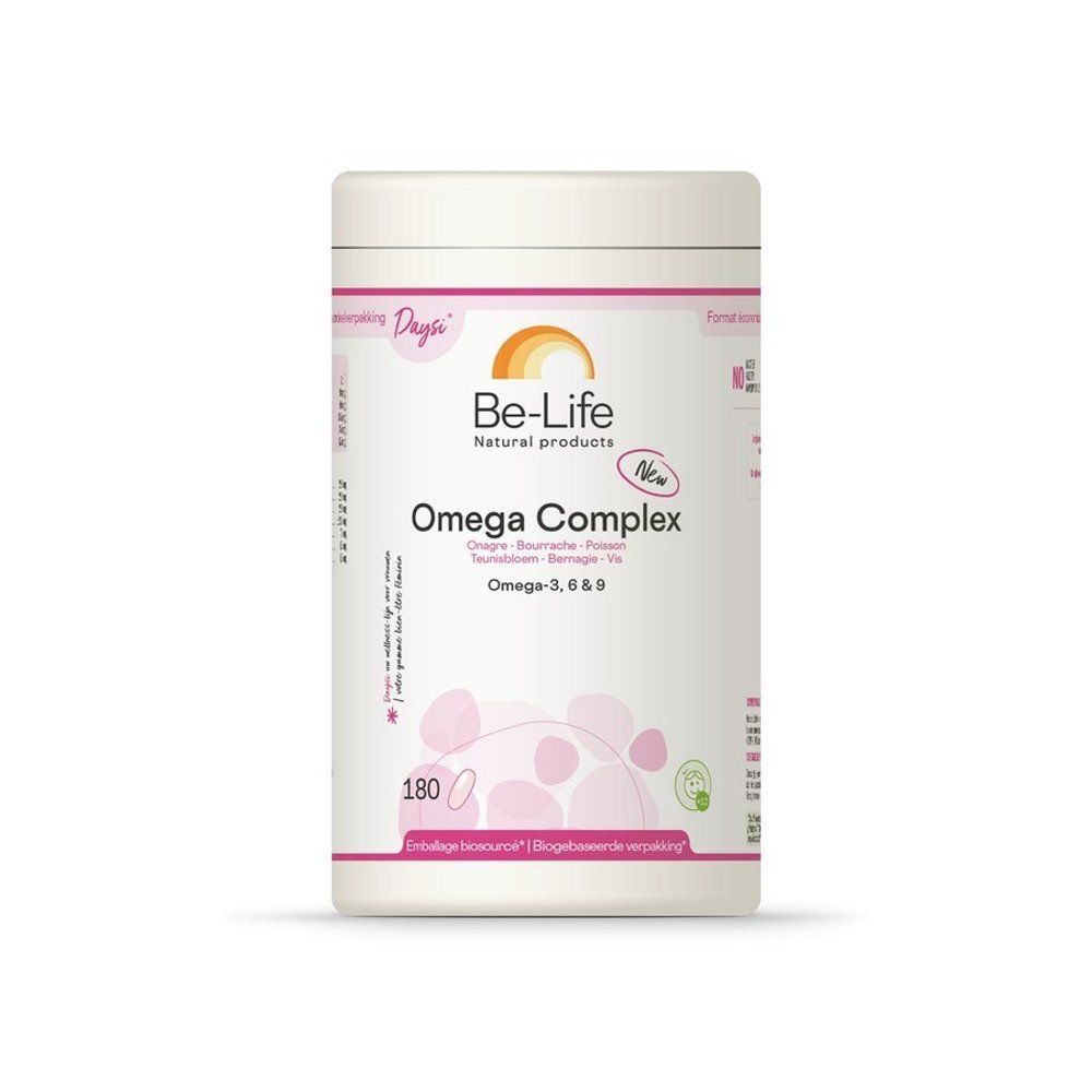 Witte pot met roze accenten. Opschrift: Be-Life, Omega Complex, 180 capsules. Omega-3, 6 & 9.