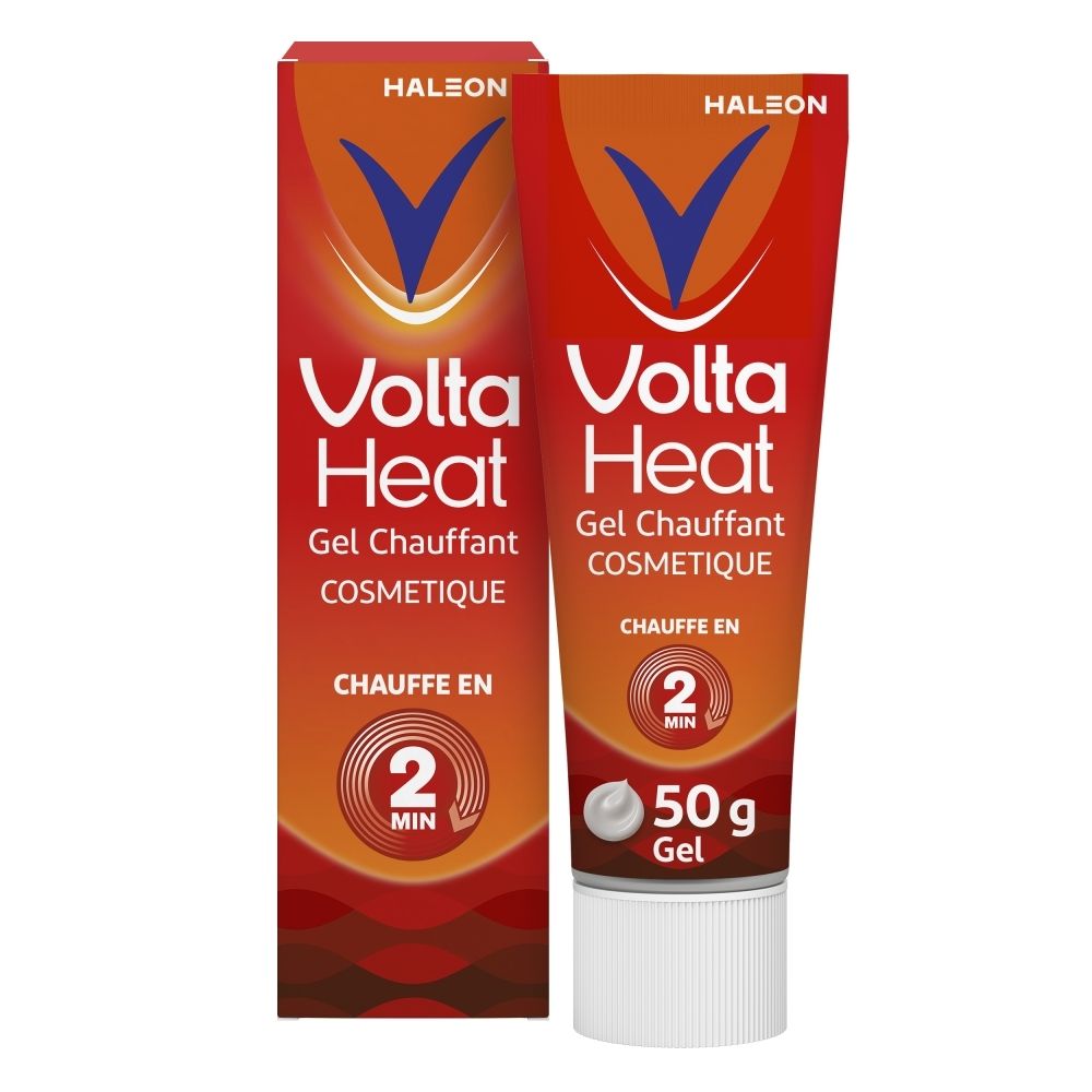 Tube et boîte Volta Heat Gel: Gel chauffant cosmétique, 50g, chauffe en 2 min.