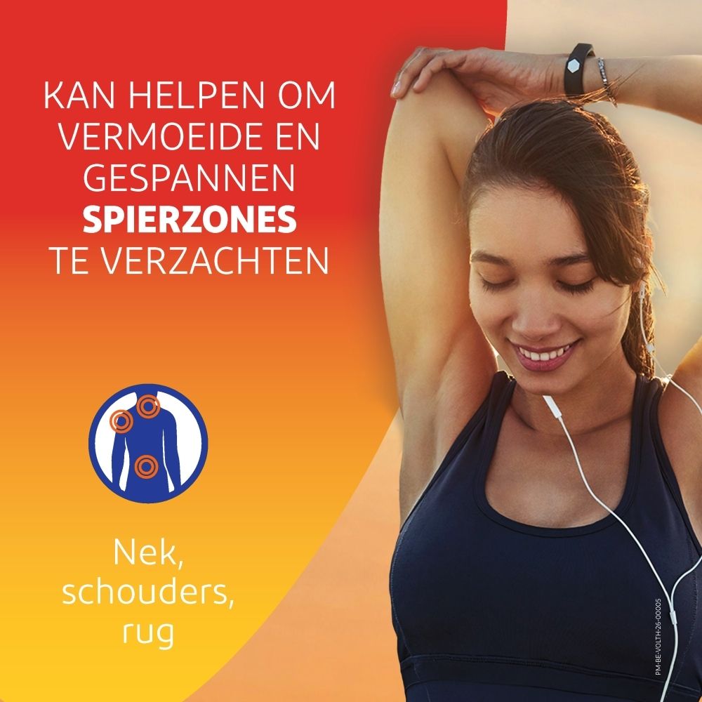 Vrouw strekt zich: Volta Heat Gel kan spieren verzachten. Nek, schouders, rug.