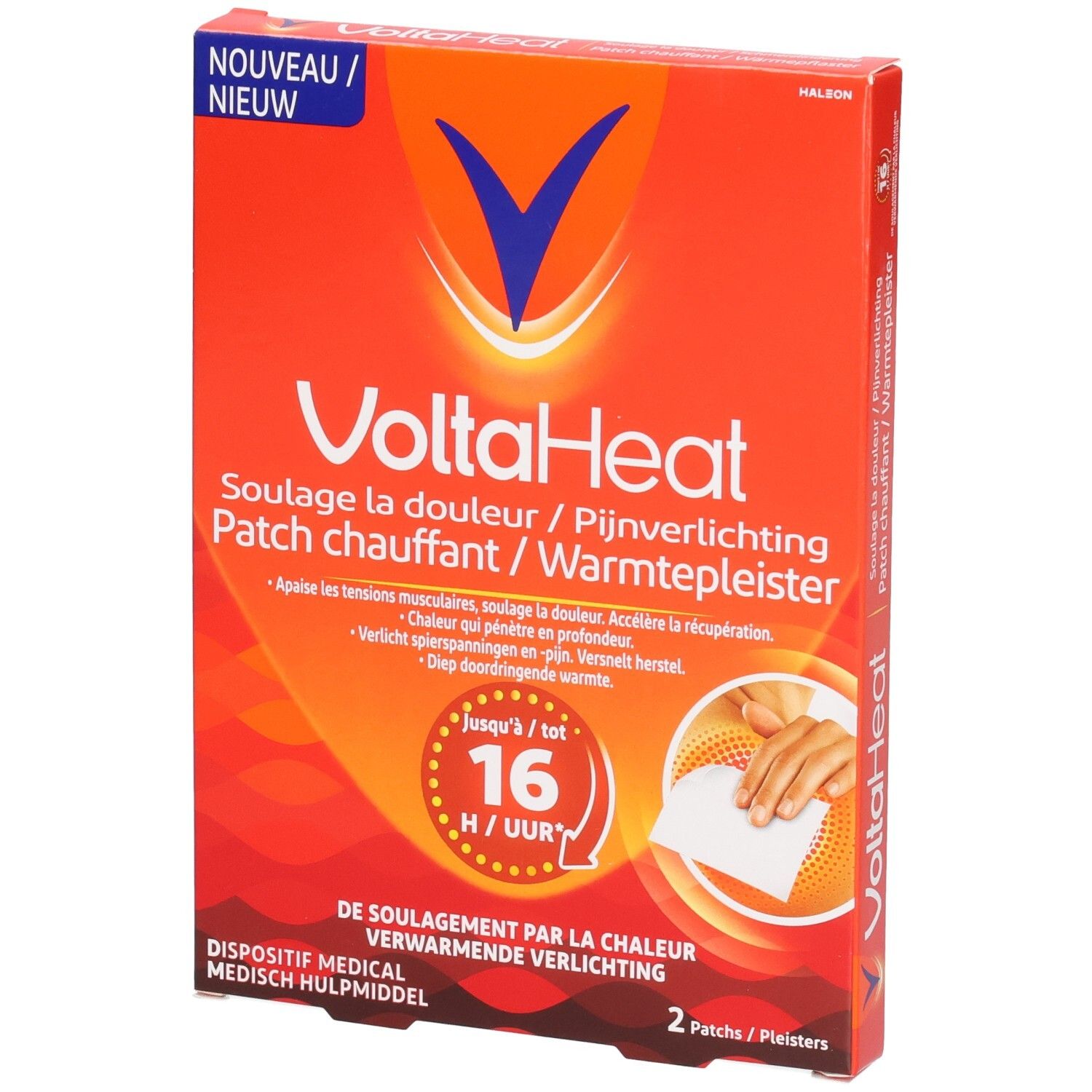 Boîte de deux patchs chauffants VoltaHeat pour le soulagement de la douleur.