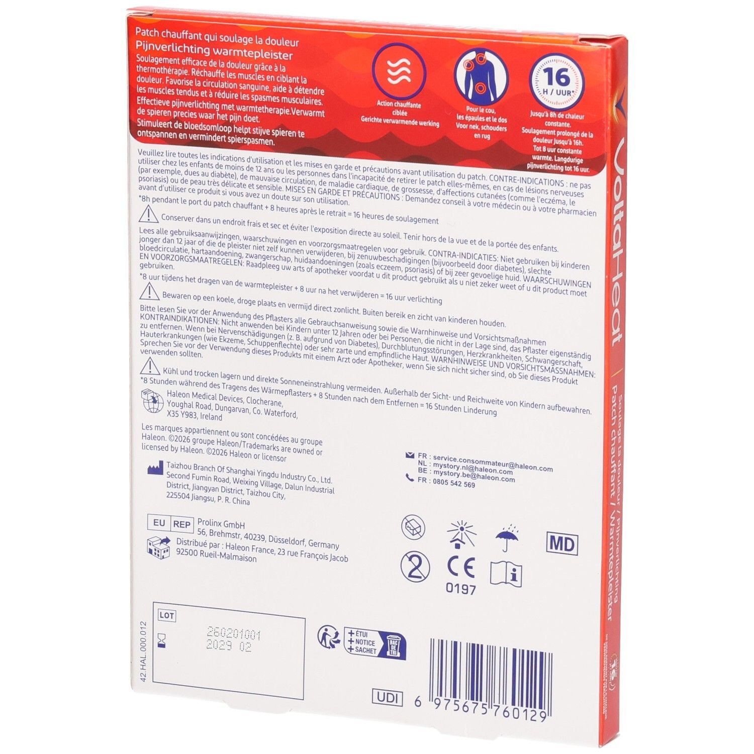 Arrière de l'emballage VoltaHeat avec instructions et certifications.