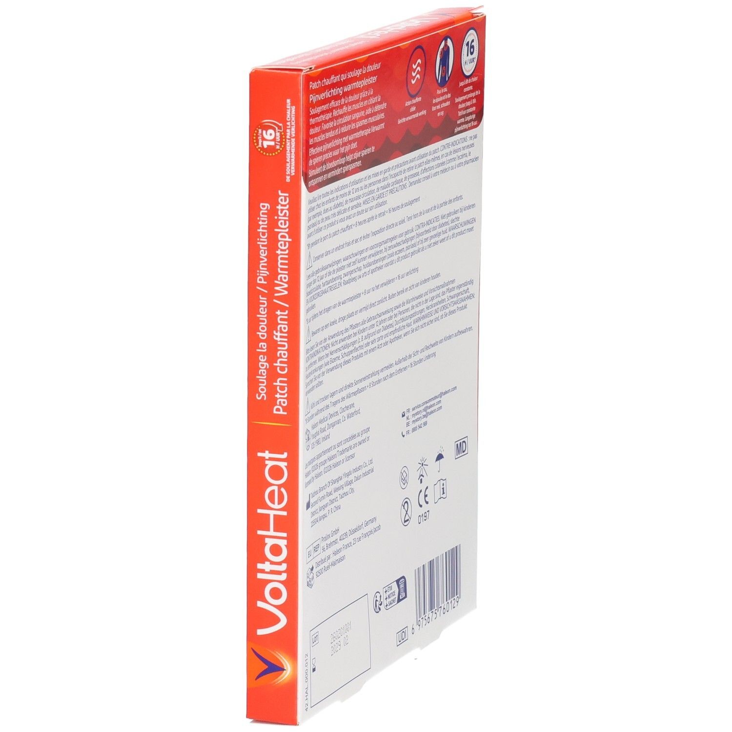 Vue latérale de l'emballage VoltaHeat avec informations produit.