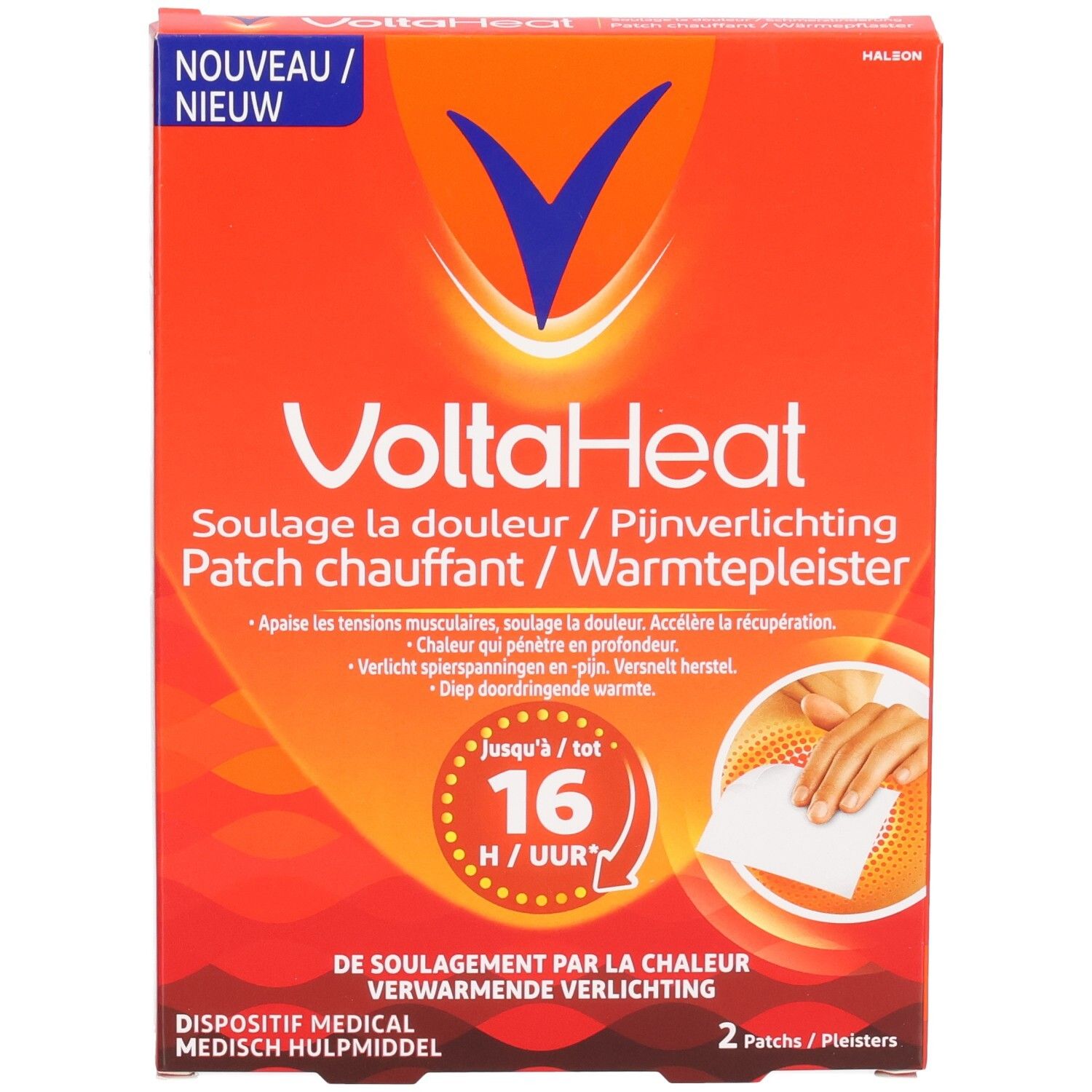 Boîte de deux patchs chauffants VoltaHeat, "Nouveau" et "Neuf".
