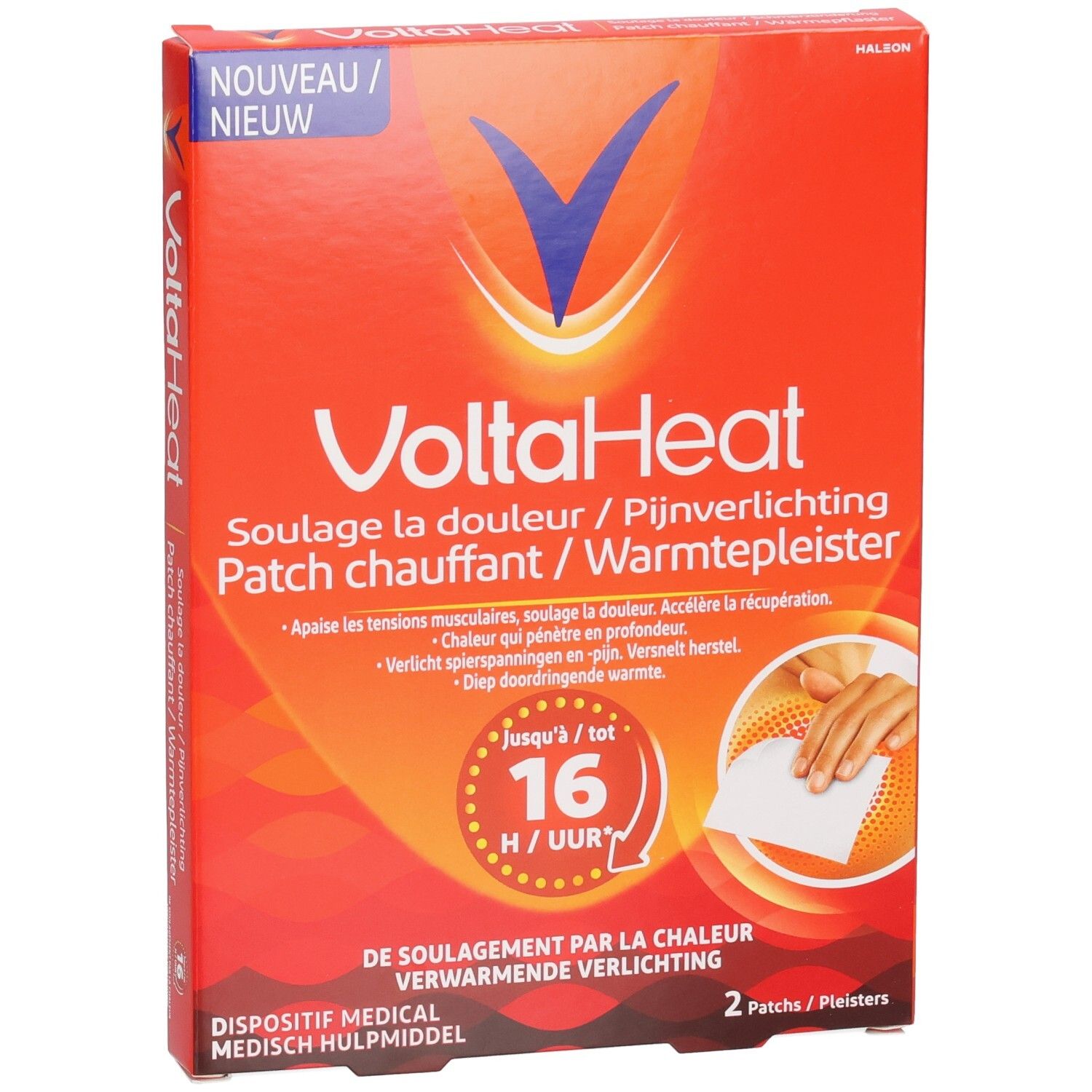Boîte de deux patchs chauffants VoltaHeat, "Nouveau" et "Neuf".