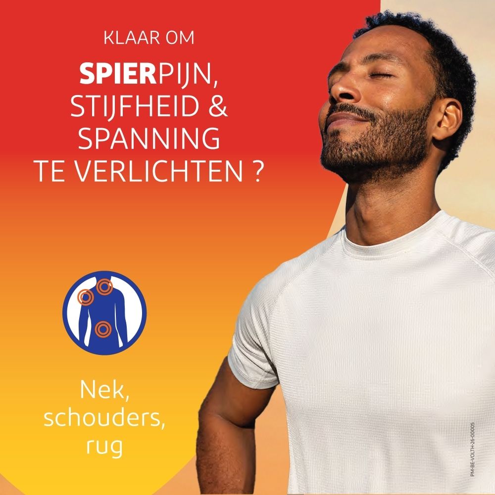 Close-up van de VoltaHeat warmtepleisterverpakking, met vermelding van 16 uur warmteapplicatie.