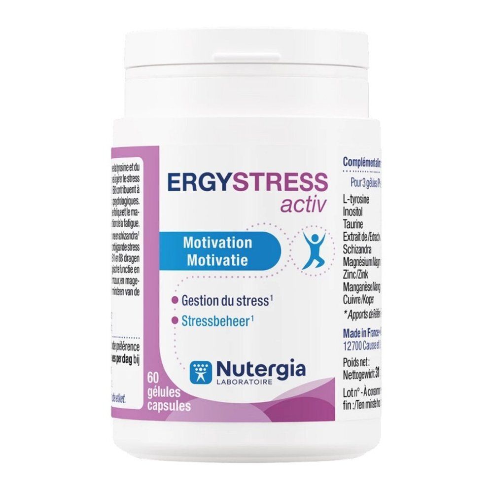 Nutergia Ergystress Activ capsulefles met 60 capsules, gericht op stressmanagement en motivatie.