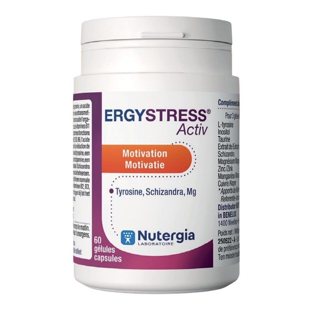 Nutergia Ergystress Activ capsulefles met 60 capsules, gericht op stressmanagement en motivatie.
