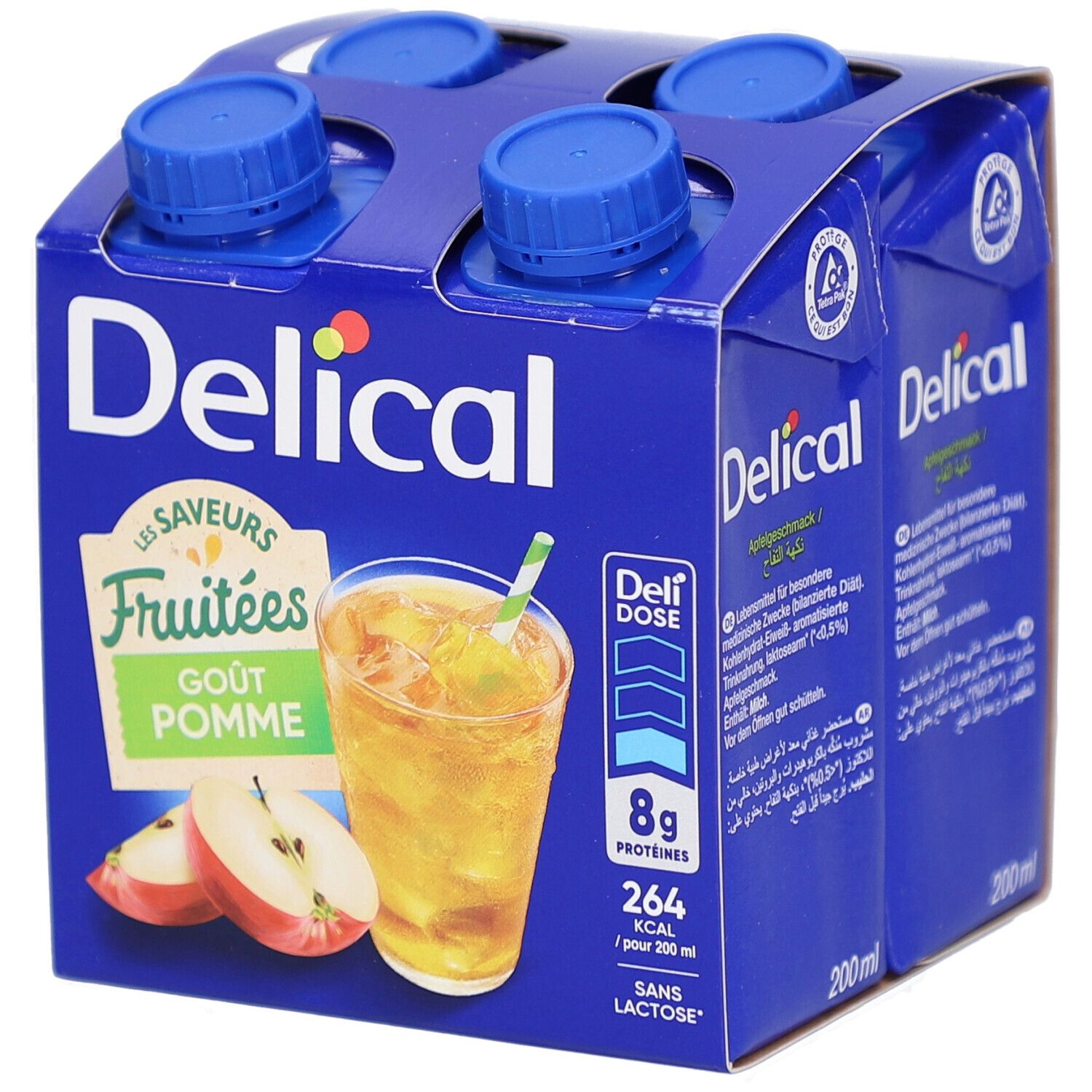 Emballage de quatre boissons. Emballage bleu avec logo Delical et goût pomme. Contient 8g de protéines et 264 kcal.
