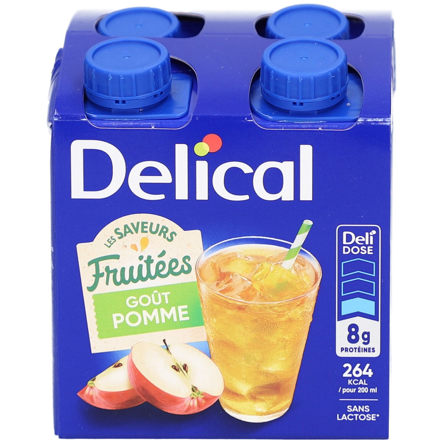 Emballage de quatre boissons. Emballage bleu avec logo Delical et goût pomme. Contient 8g de protéines et 264 kcal.