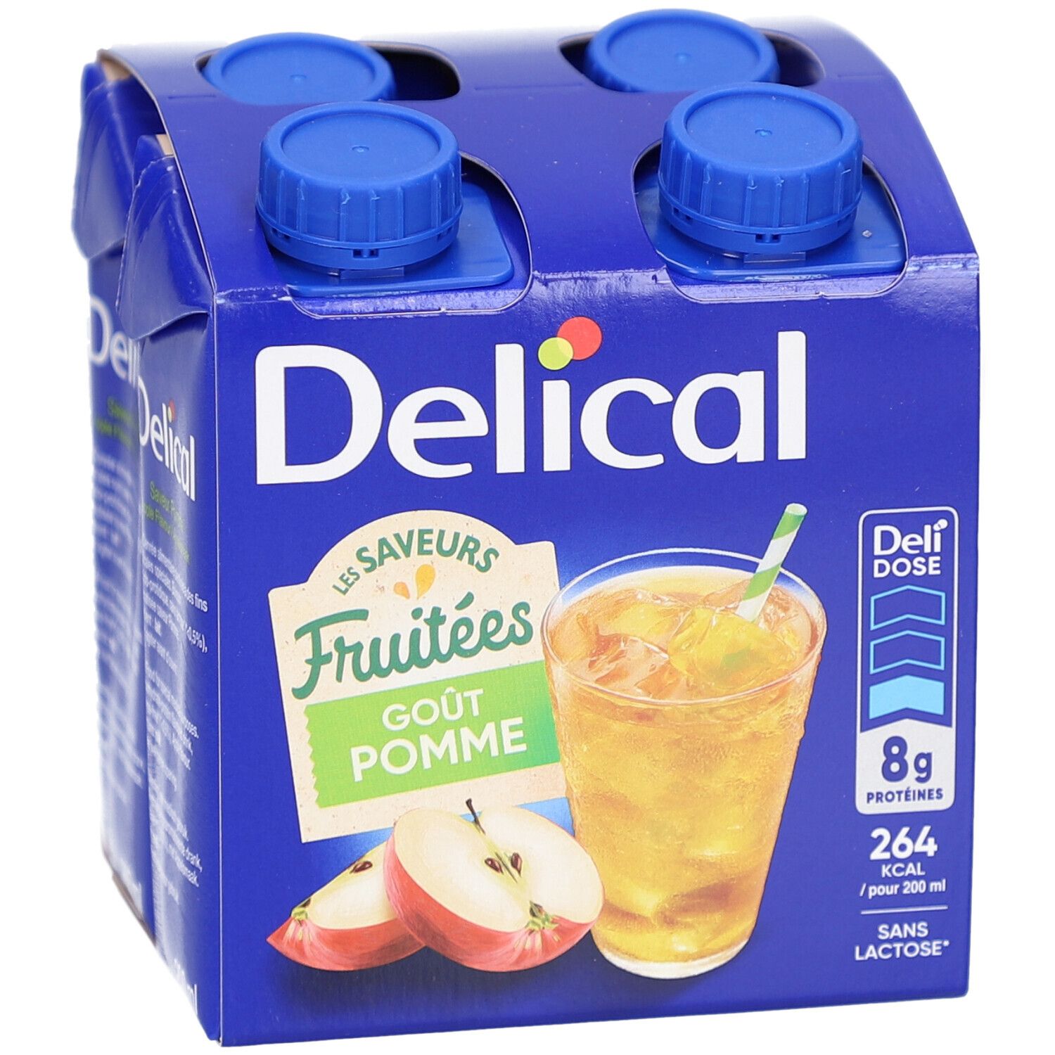 Emballage de quatre boissons. Emballage bleu avec logo Delical et goût pomme. Contient 8g de protéines et 264 kcal.