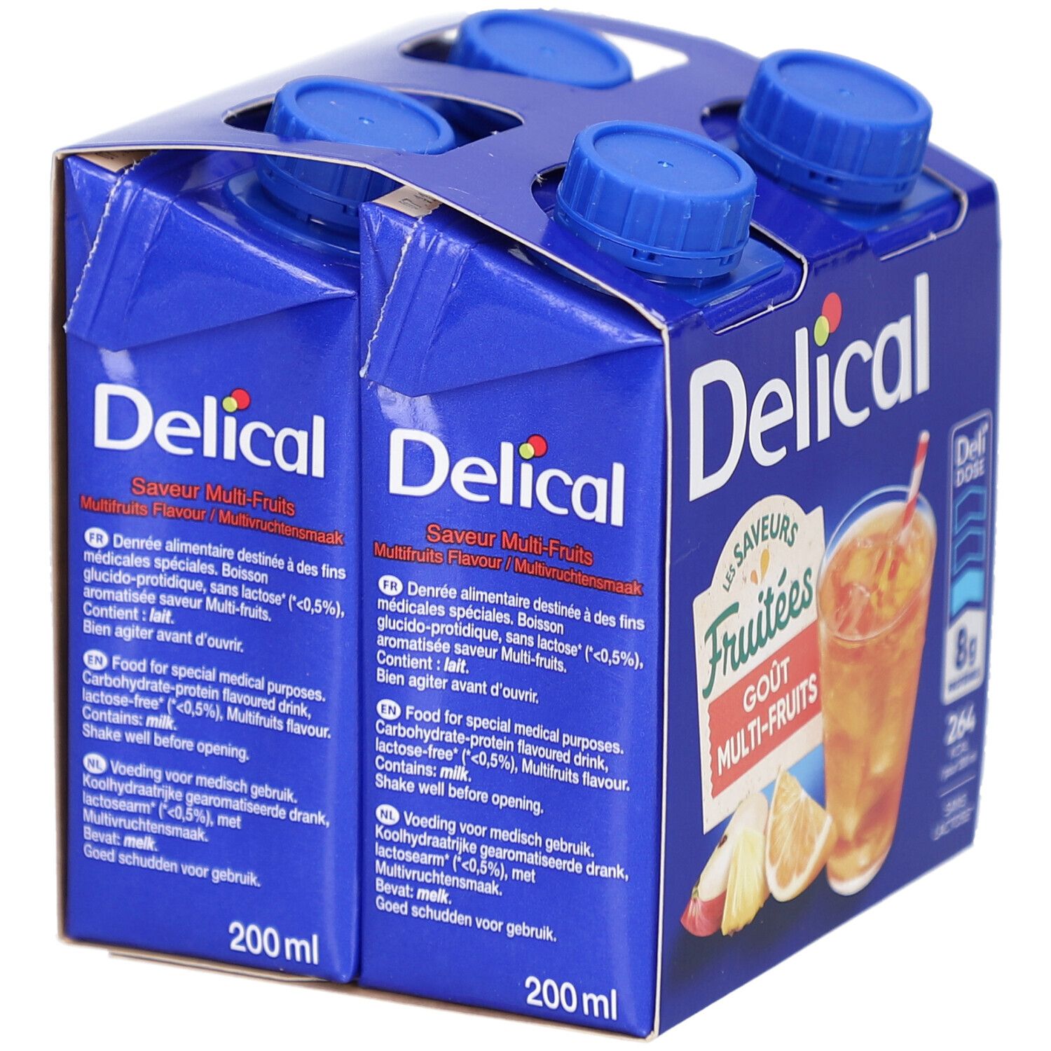 Blauwe verpakking met vier drankjes. Opschrift: Delical, multi-fruitsmaak, 200ml. Individuele flesjes met schroefdop.