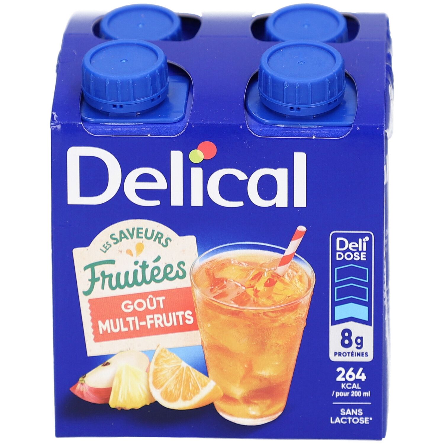 Blauwe verpakking met vier drankjes. Opschrift: Delical, fruitsmaken, multi-fruit, 8g eiwitten, 264 kcal, lactosevrij.