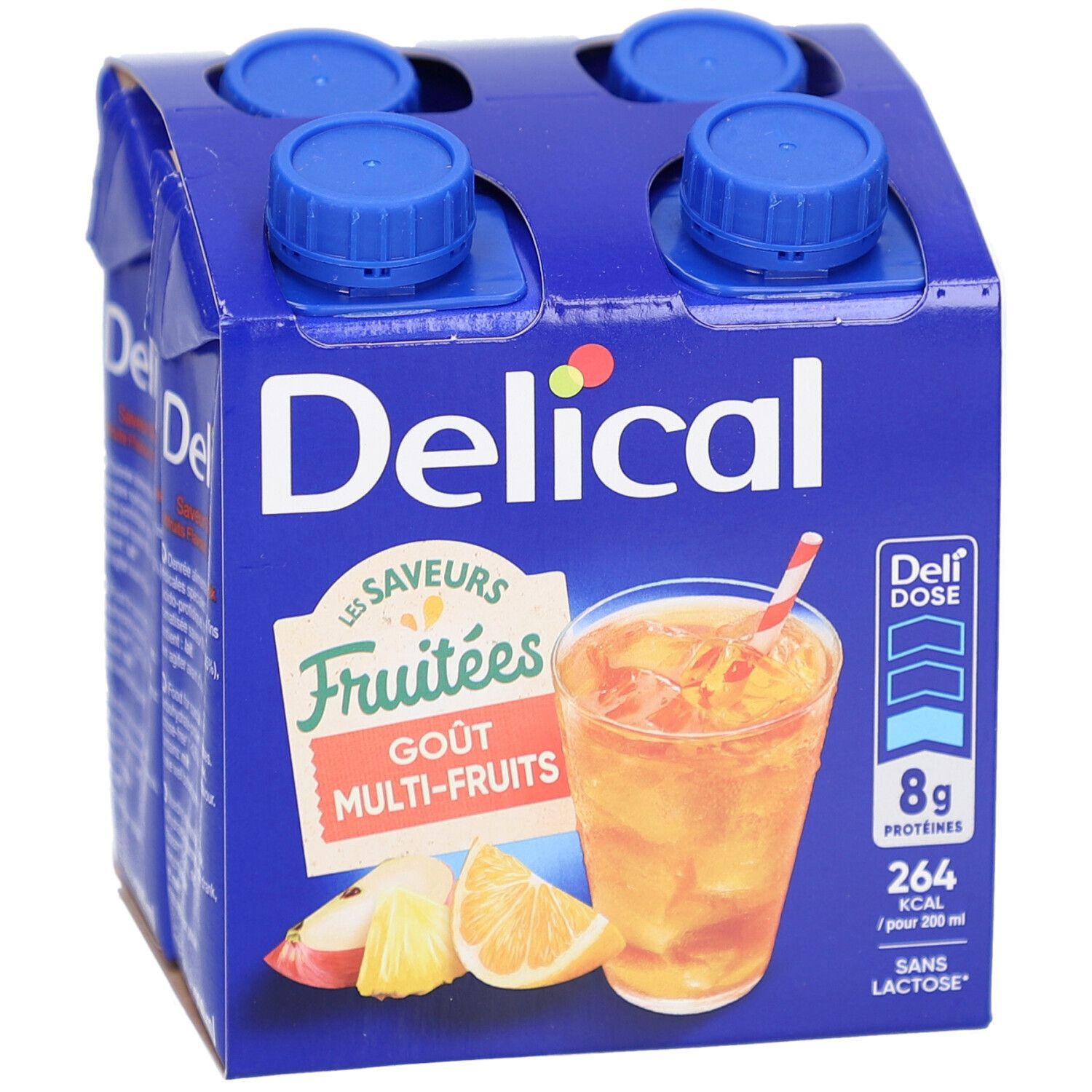 Blauwe verpakking met vier drankjes. Opschrift: Delical, fruitsmaken, multi-fruit, 8g eiwitten, 264 kcal, lactosevrij.