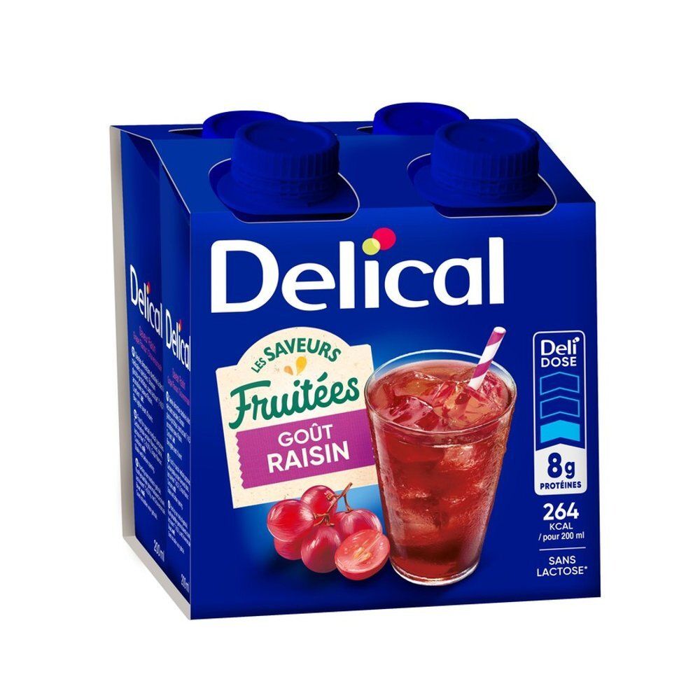 Emballage bleu avec 4 boissons. Delical, Saveurs Fruitées, Goût Raisin, 8g protéines, 264 kcal, sans lactose. Bouchons bleus.