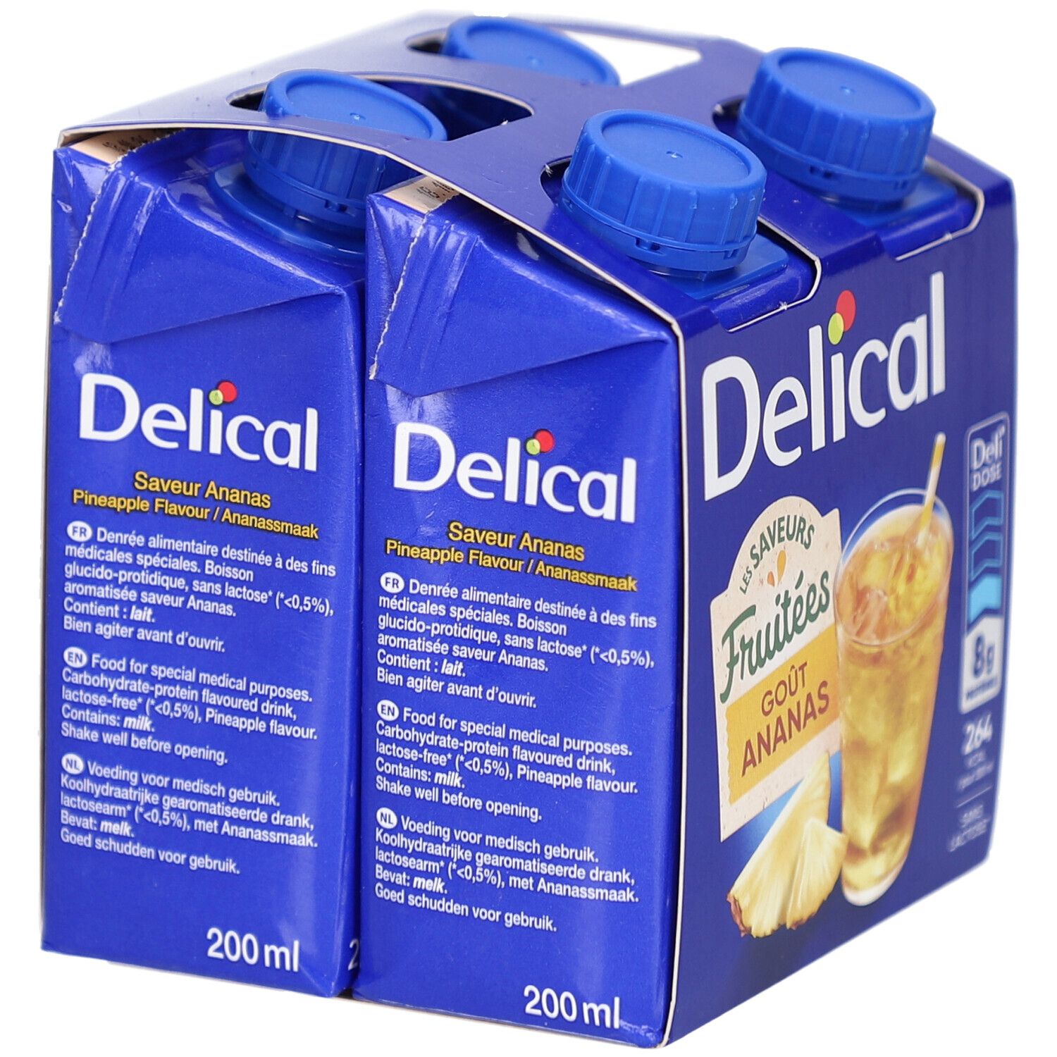 Blauwe verpakking met vier drankjes Delical, smaak Ananas. Tekst in meerdere talen.