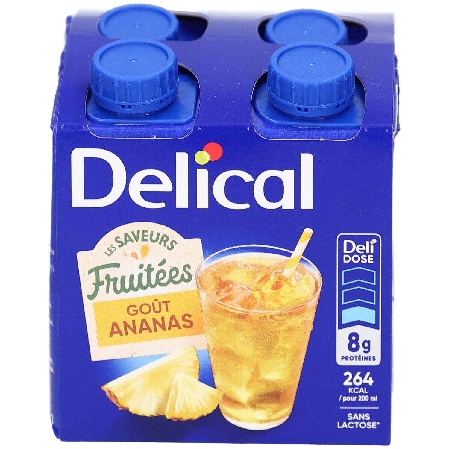 Blauwe verpakking met vier drankjes Delical, smaak Ananas. Afbeelding van een drankje met ananas.