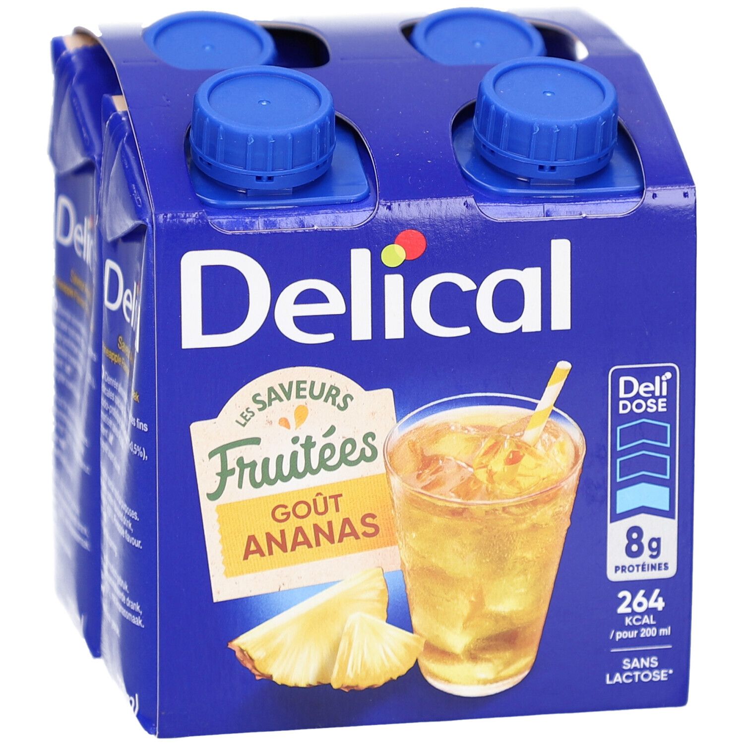 Blauwe verpakking met vier drankjes Delical, smaak Ananas. Afbeelding van een drankje met ananas.