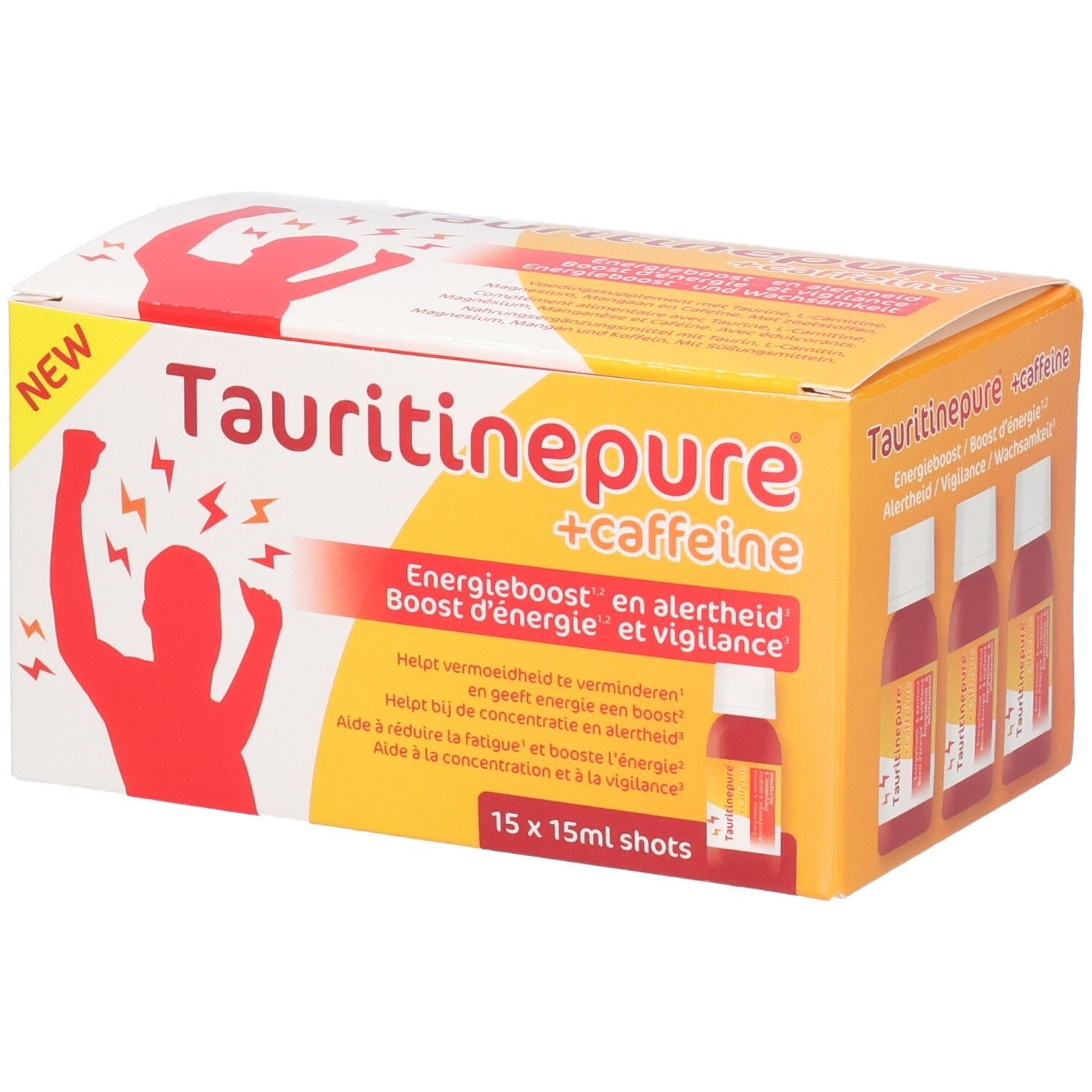 Emballage de Tauritinepure + Caffeine, 15x15ml shots. Boost d'énergie et vigilance.