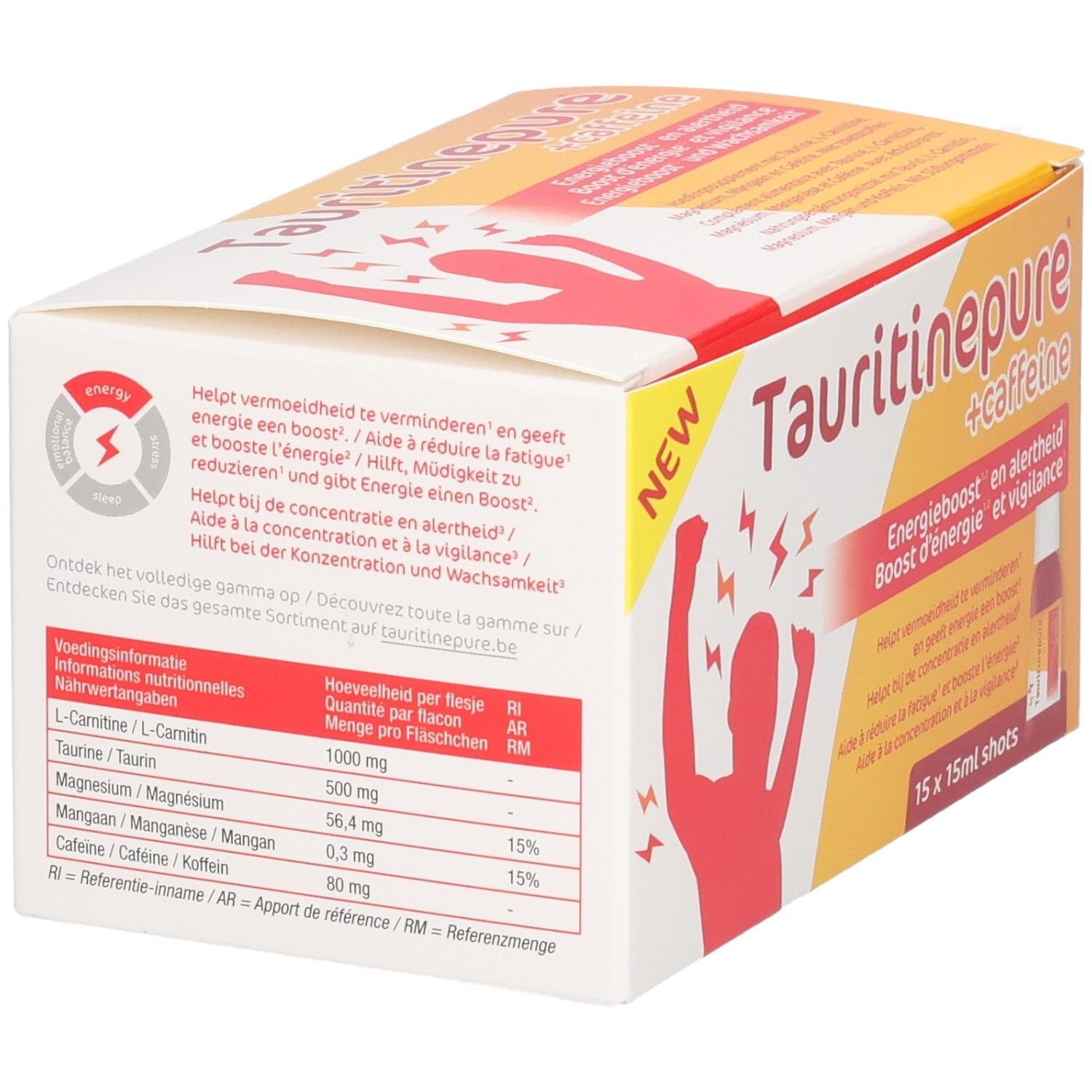 Arrière de l'emballage Tauritinepure + Caffeine avec informations nutritionnelles et ingrédients.