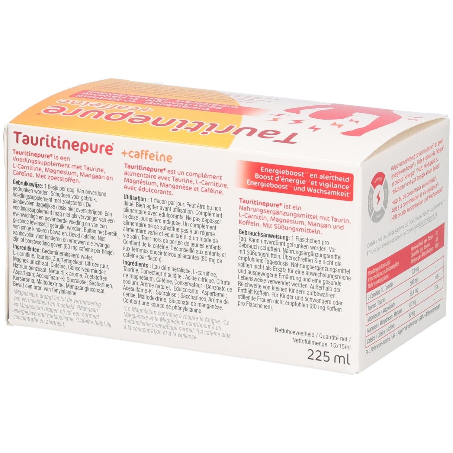 Côté de l'emballage Tauritinepure + Caffeine avec informations produit et ingrédients.