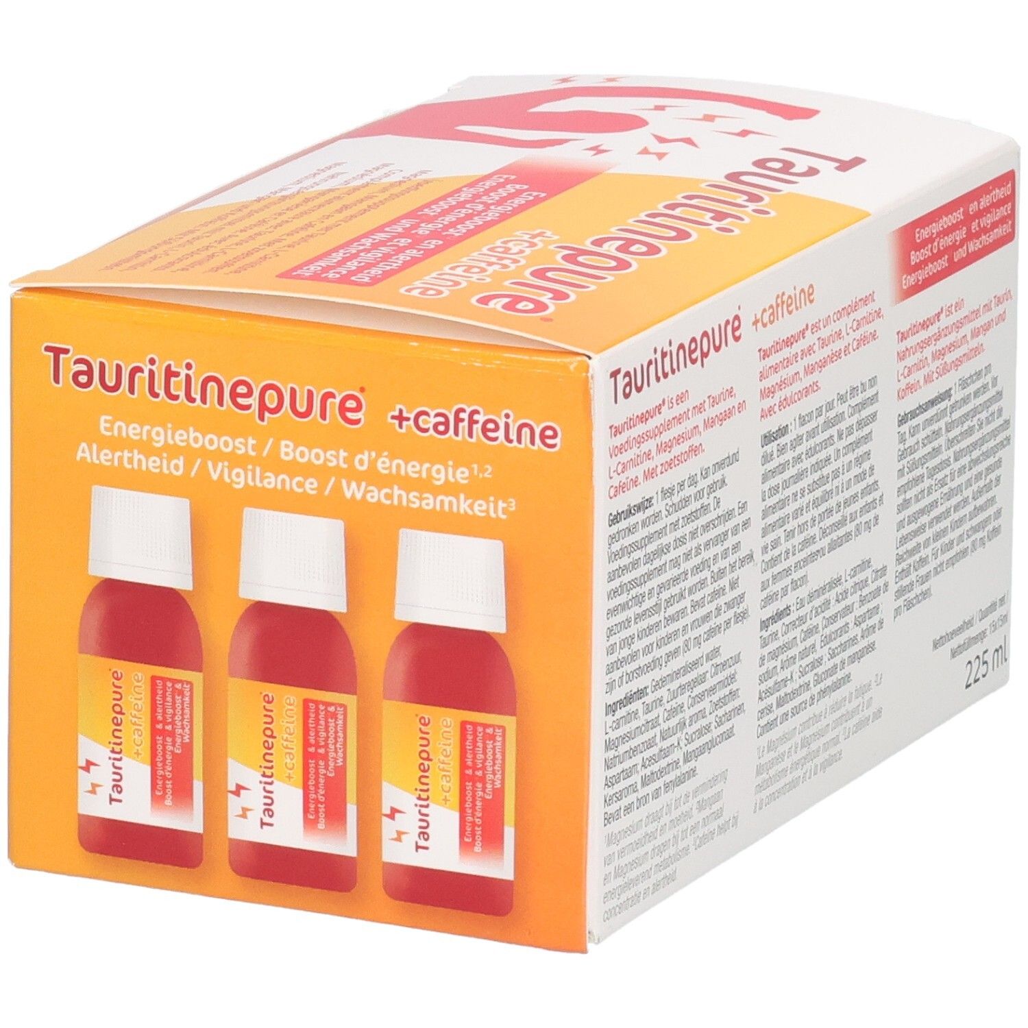 Avant de l'emballage Tauritinepure + Caffeine avec trois shots et nom du produit.
