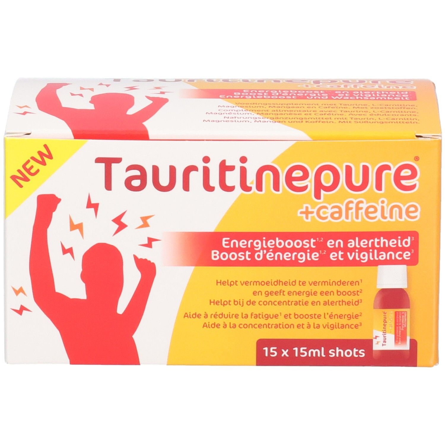 Emballage de Tauritinepure + Caffeine, 15x15ml shots. Boost d'énergie et vigilance.