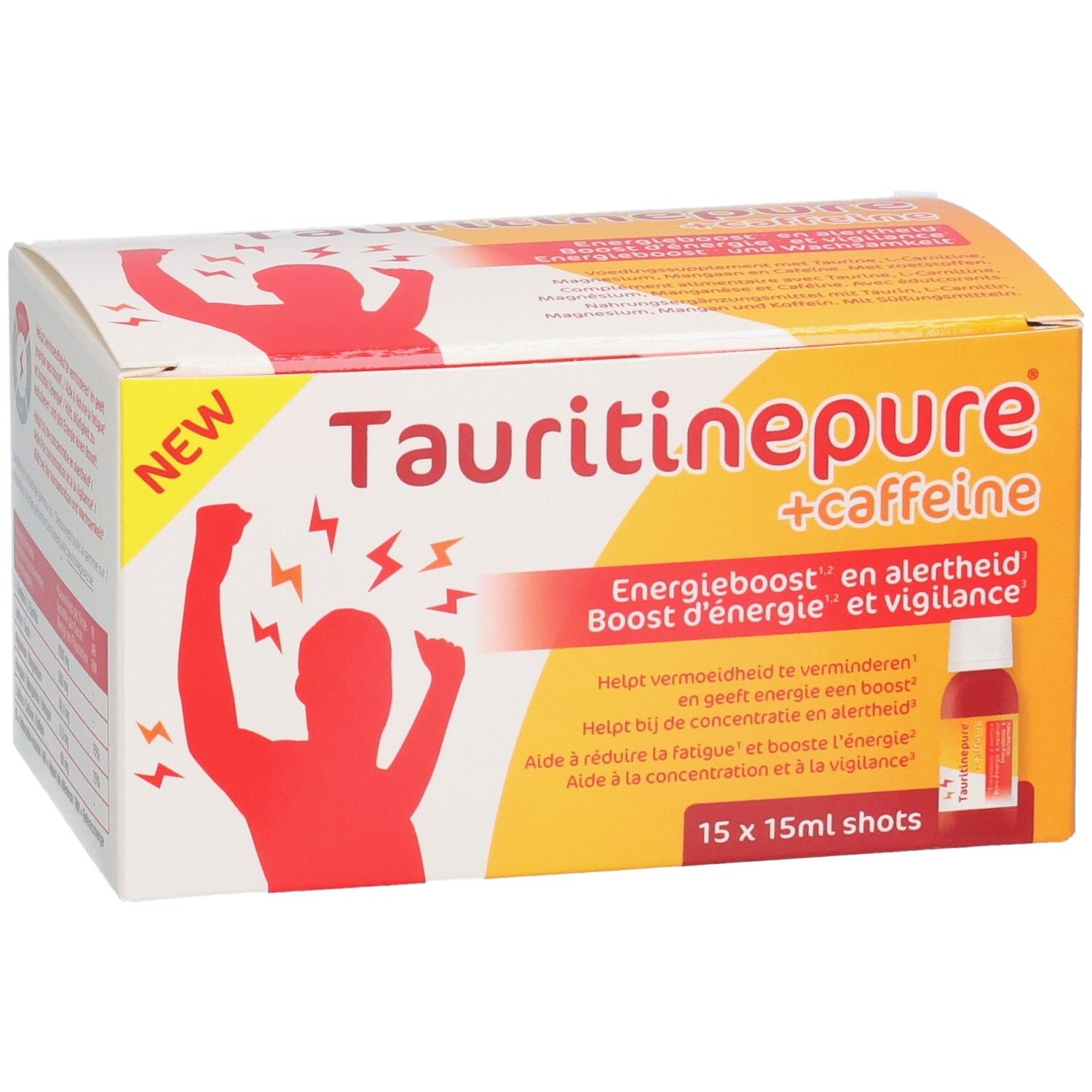 Emballage de Tauritinepure + Caffeine, 15x15ml shots. Boost d'énergie et vigilance.
