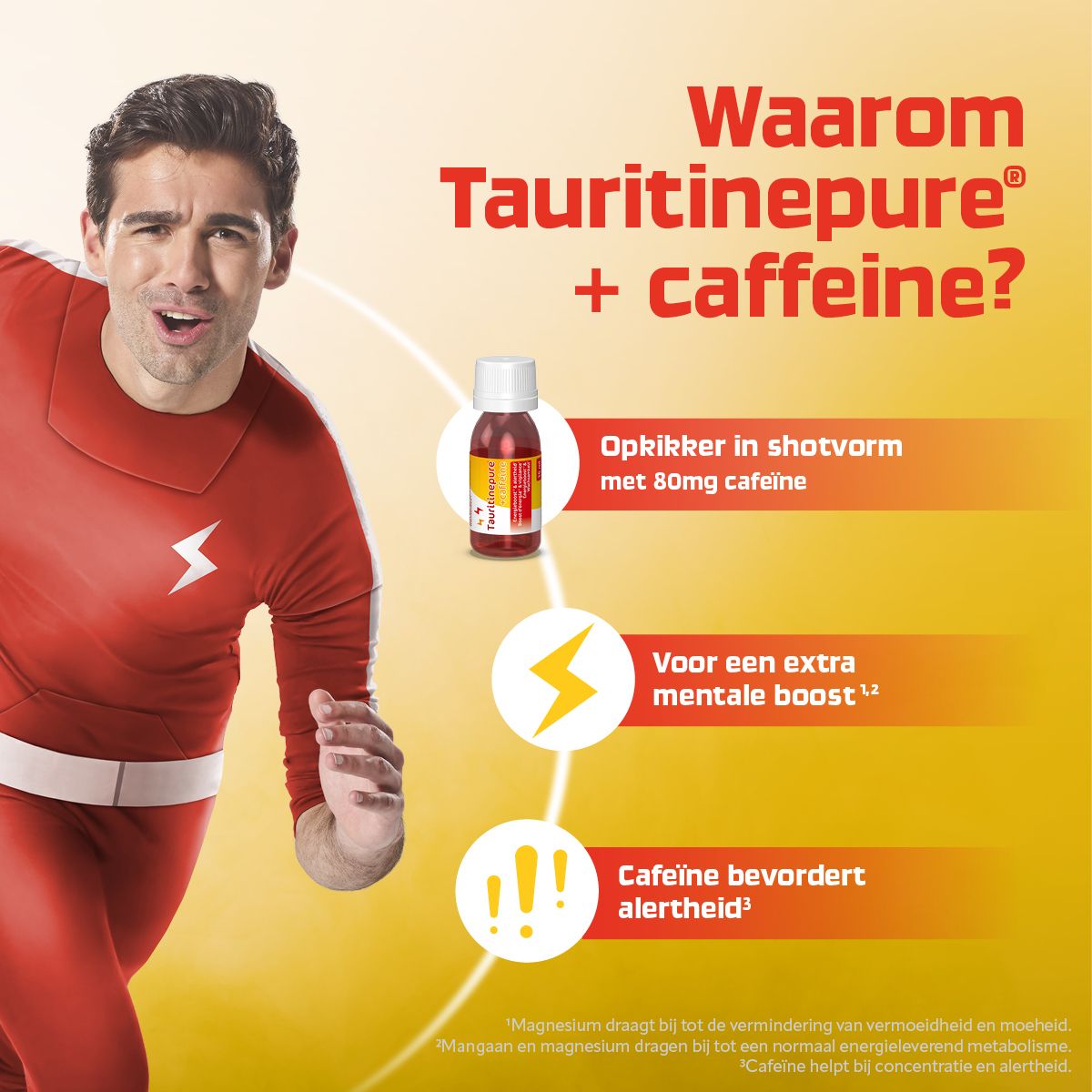 Eén shot voor energie- en alertheidsboost. Ingrediënten taurine, cafeïne, magnesium, mangaan.