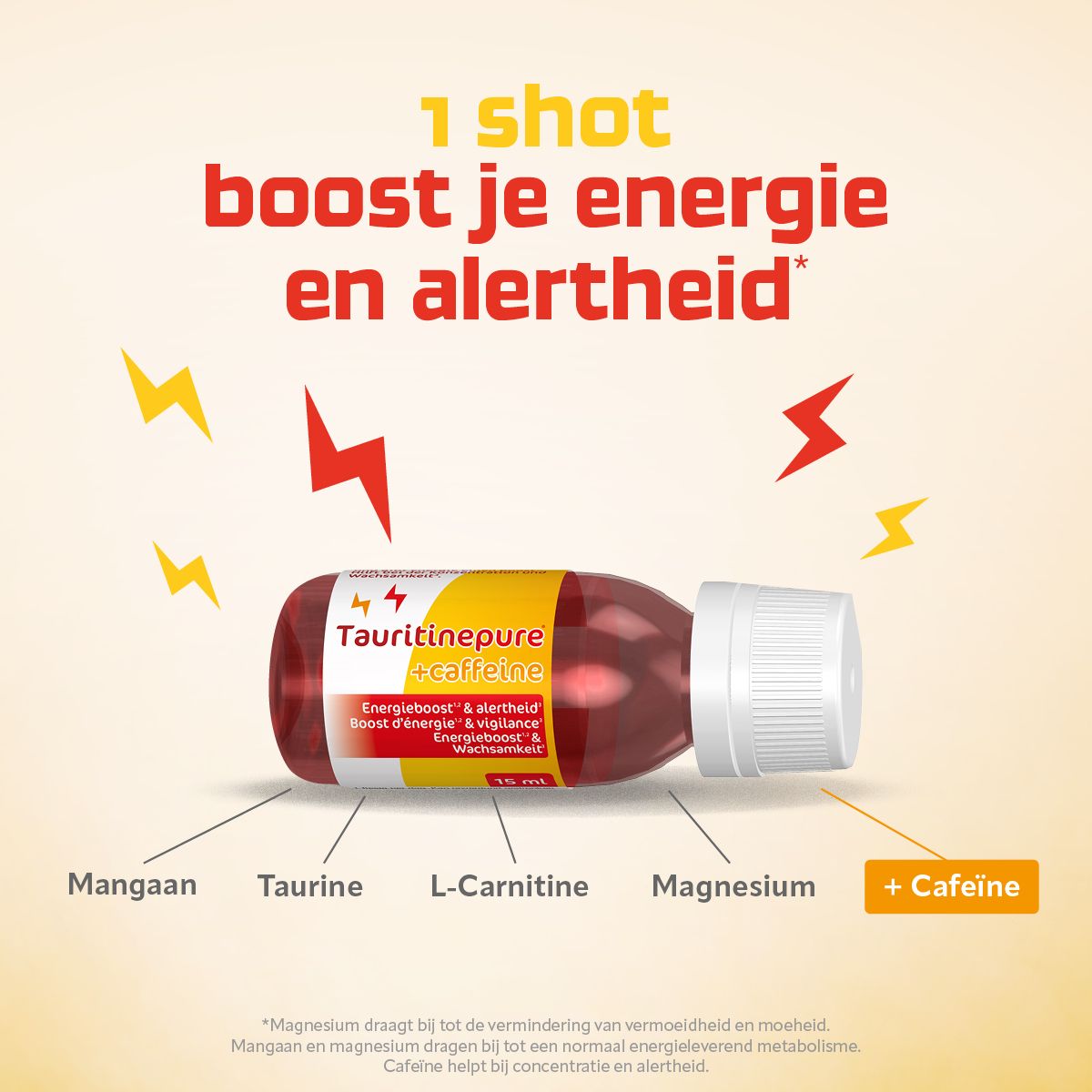Tauritinepure + Caffeine: Energieboost en alertheid. Helpt tegen vermoeidheid, voor concentratie.