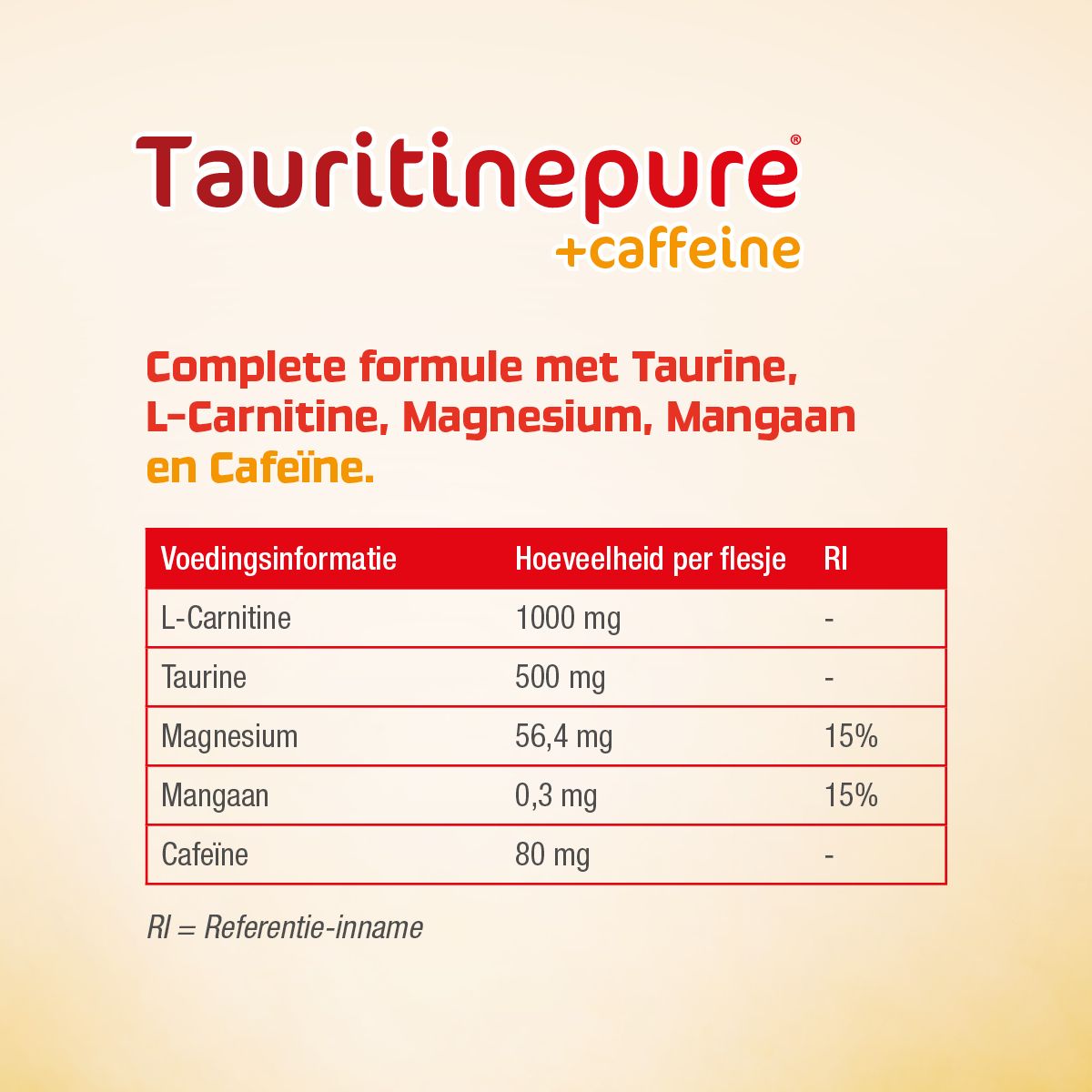Verpakking van Tauritinepure + Caffeine met drie shots en productnaam.