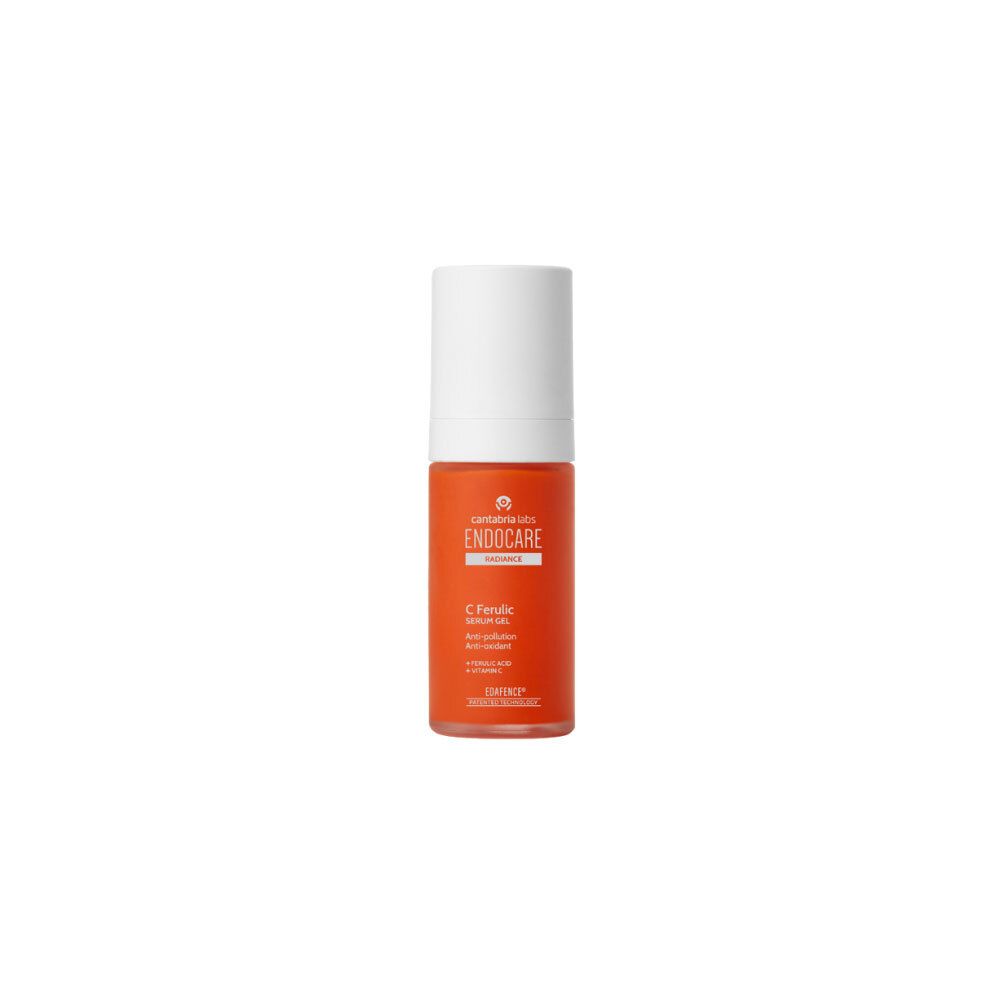 Endocare Radiance C Ferulic Serum Gel fles in fel oranje met witte pompdispenser.