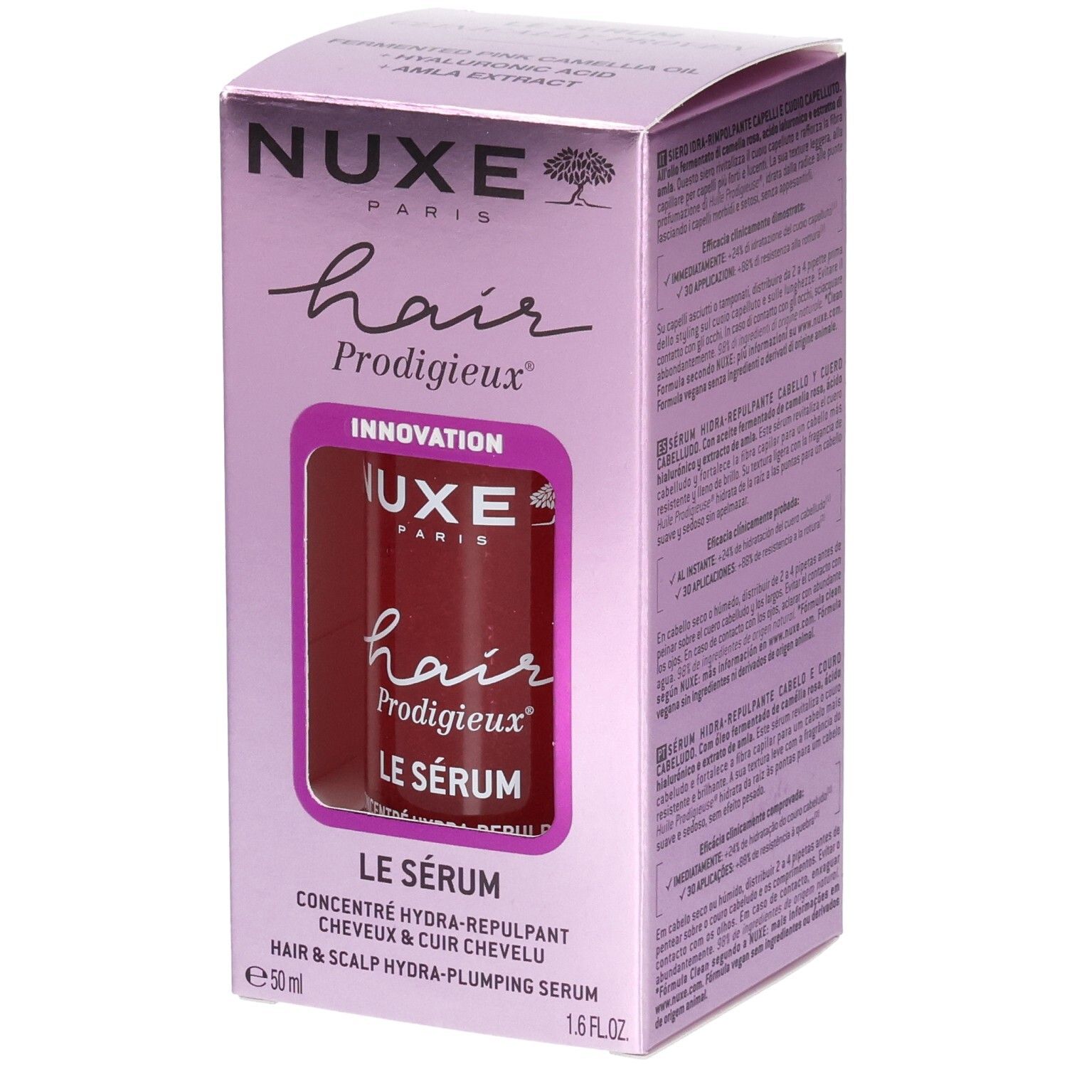 Verpakking van Nuxe Hair Prodigieux Serum. Fles zichtbaar. Opschriften: merk, productnaam, ingrediënten.