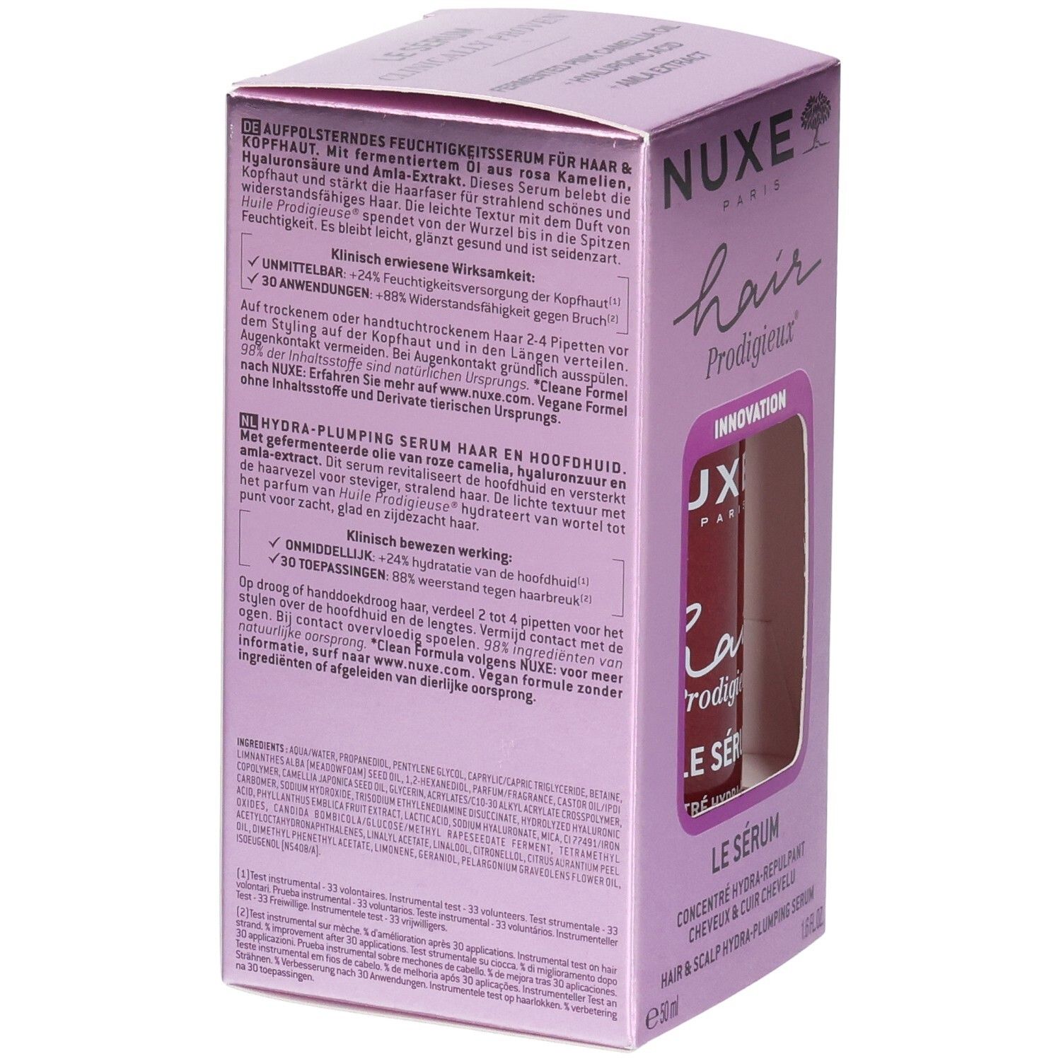 Achterkant van de verpakking van Nuxe Hair Prodigieux Serum. Tekst in het Nederlands, productinfo.