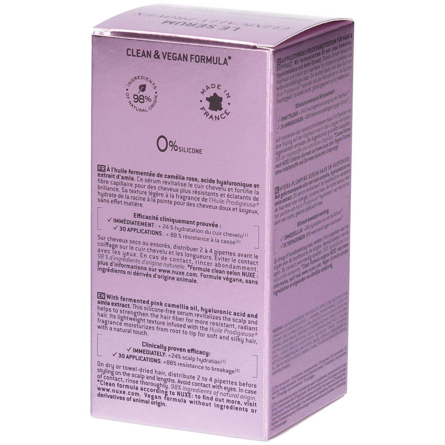 Verpakking van Nuxe Hair Prodigieux Serum. Tekst in het Nederlands, productinfo, labels.
