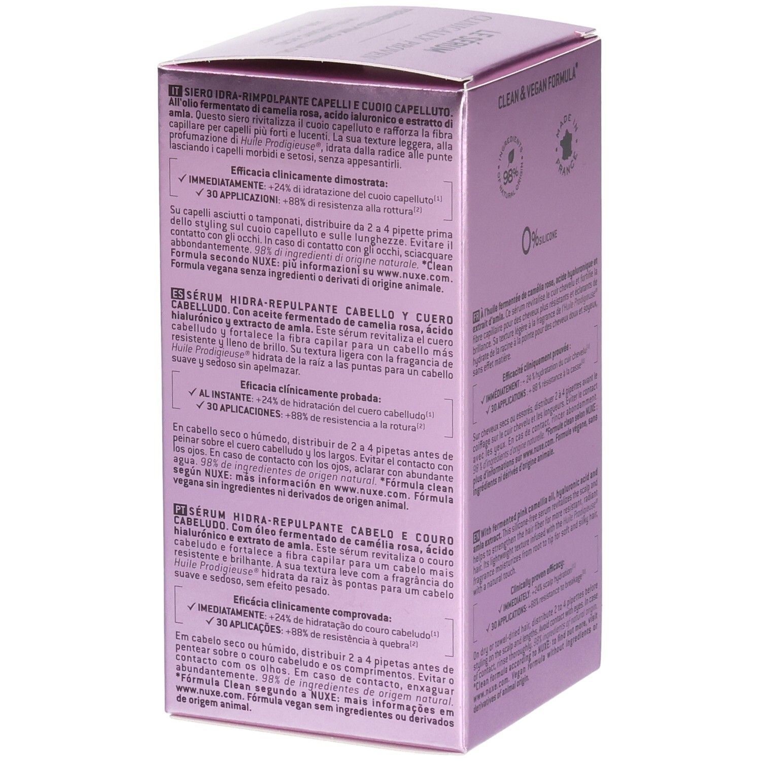 Achterkant van de verpakking van Nuxe Hair Prodigieux Serum. Meertalige tekst, labels.